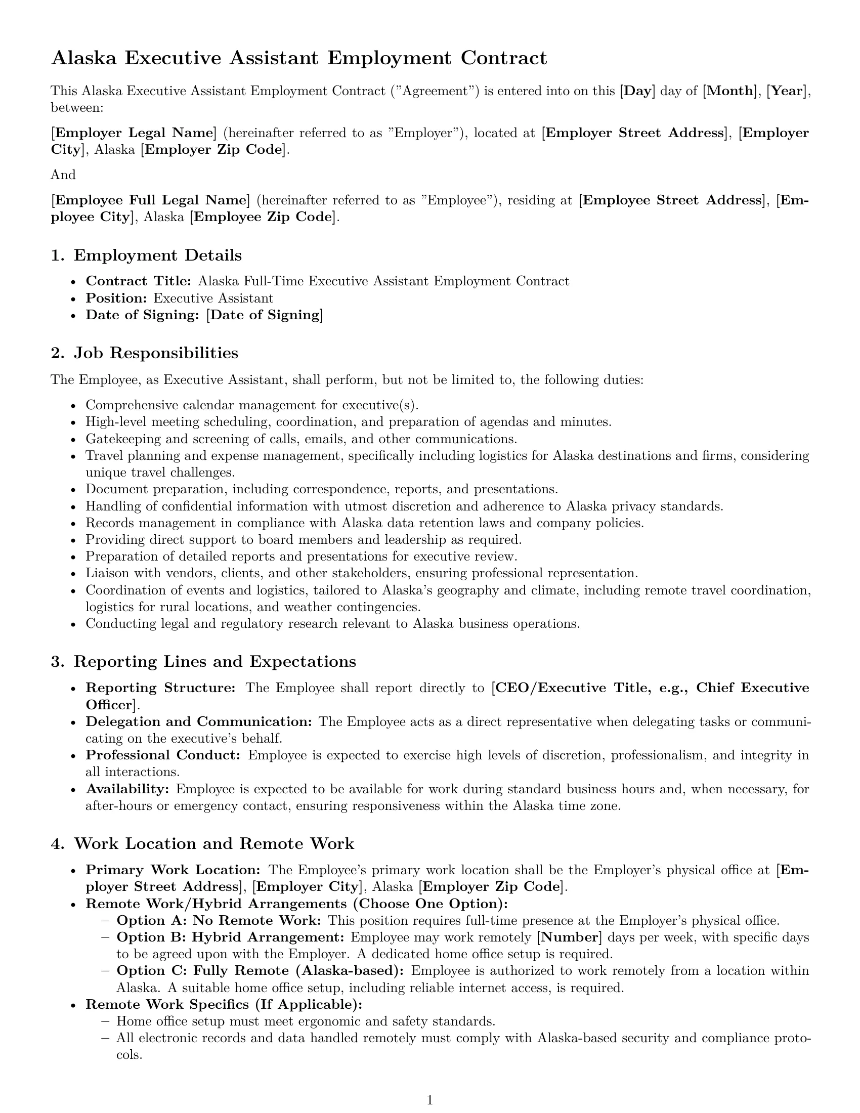 Preview page 1 of Pro Alaska executive assistant employment contract template