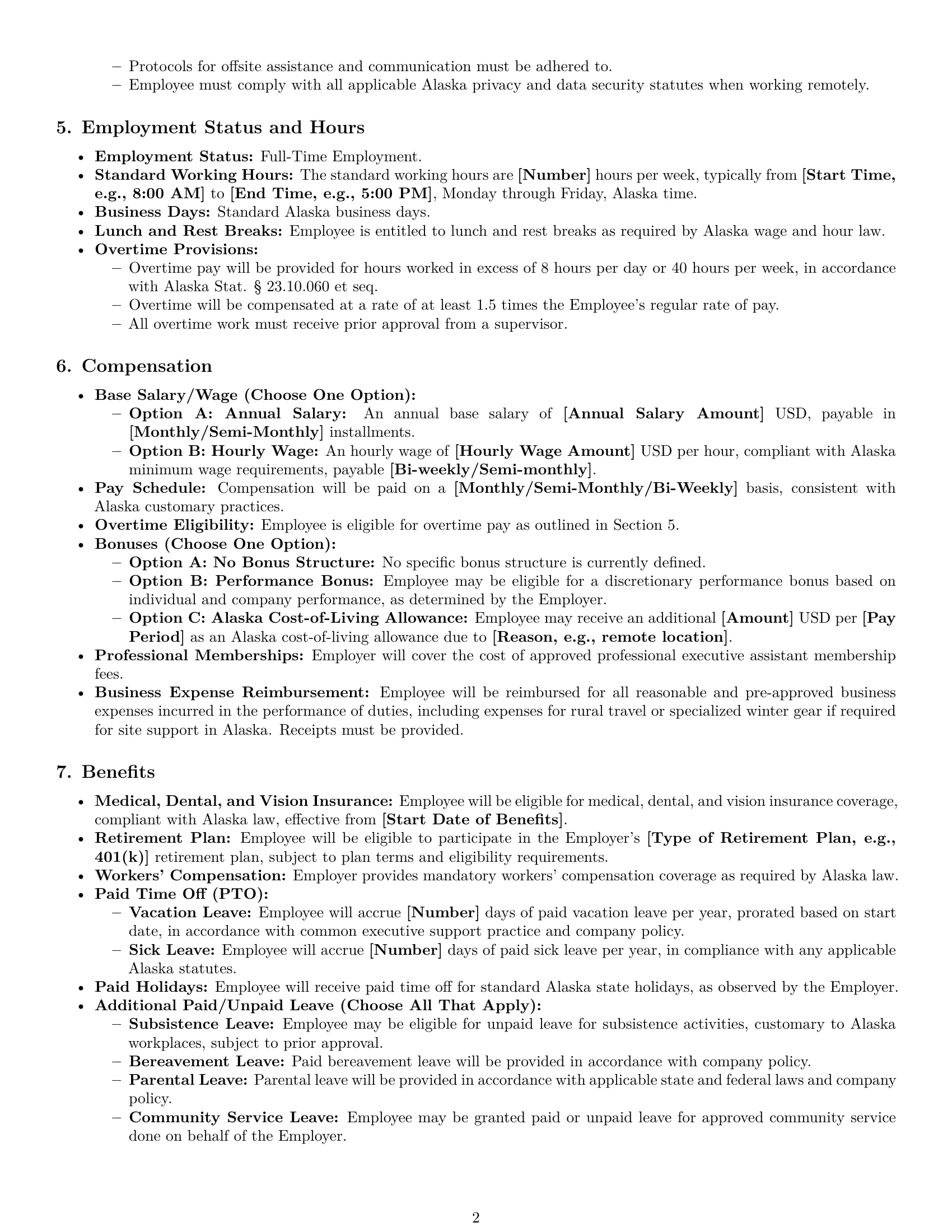 Preview page 2 of Pro Alaska executive assistant employment contract template