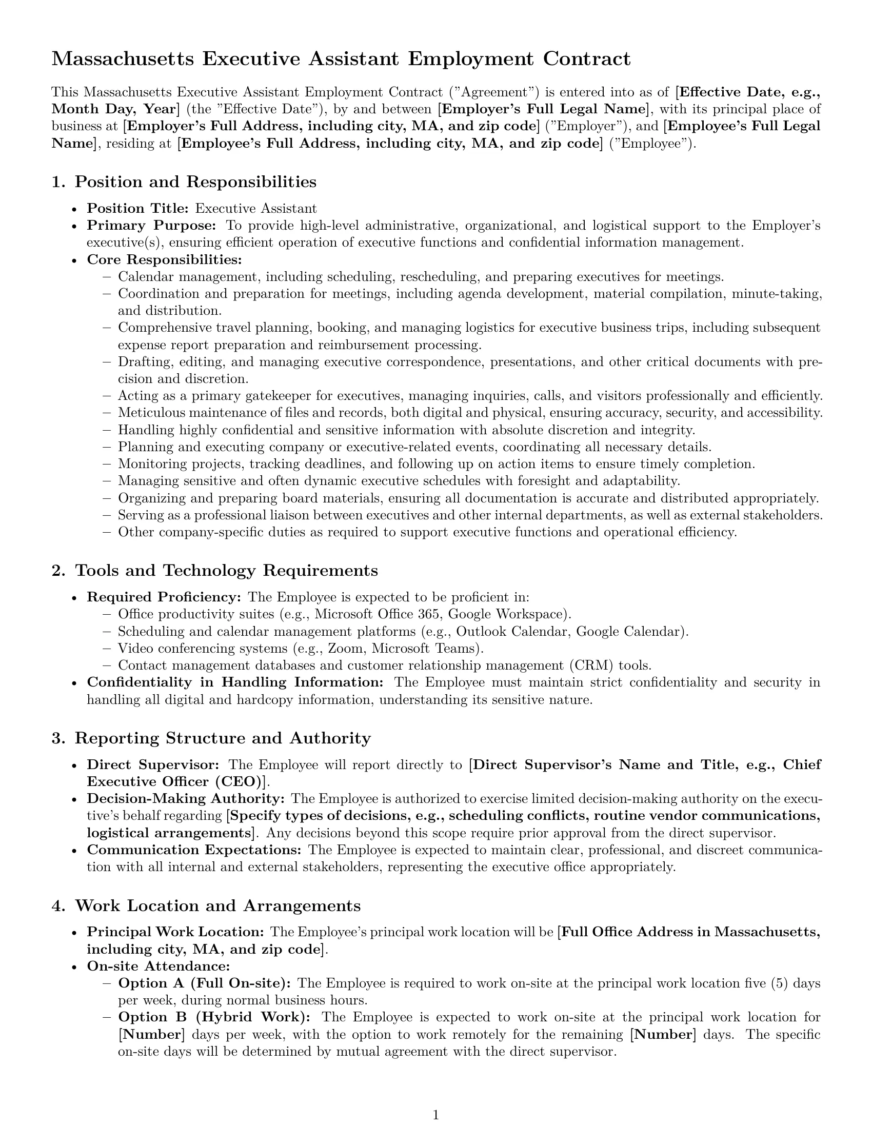 Preview page 1 of Pro Massachusetts executive assistant employment contract template