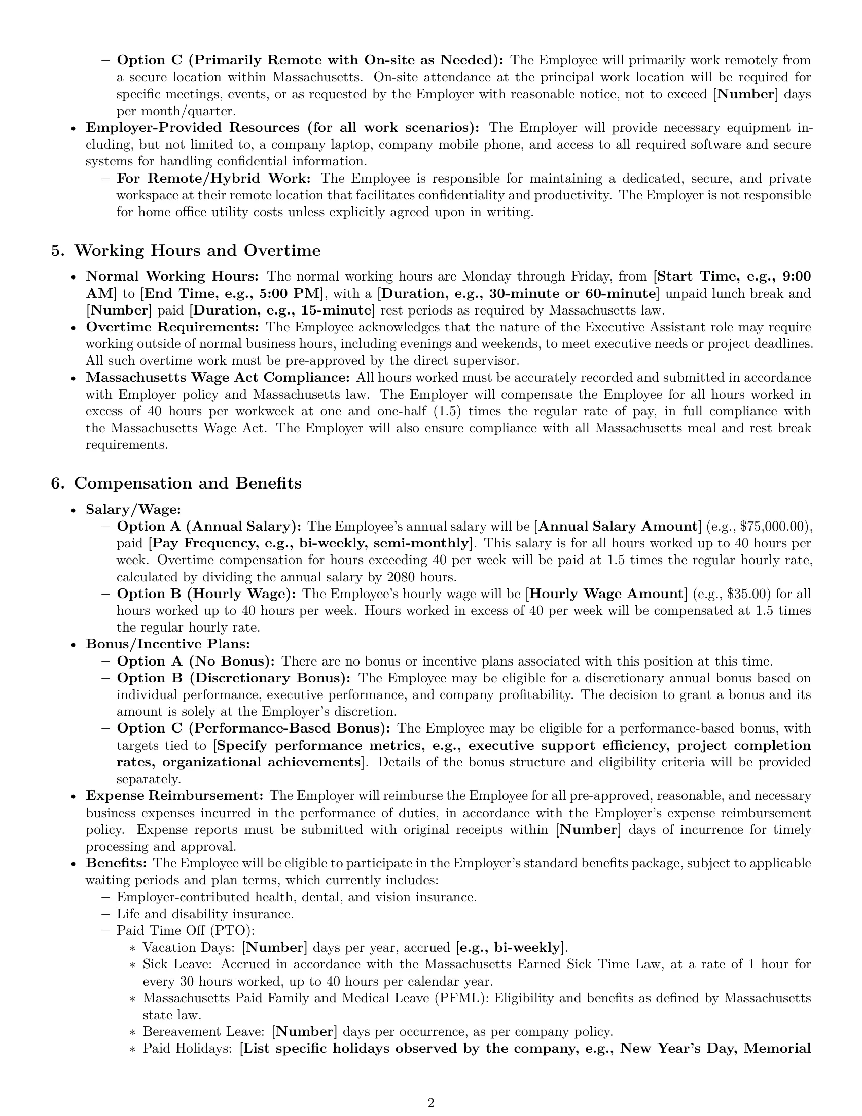 Preview page 2 of Pro Massachusetts executive assistant employment contract template
