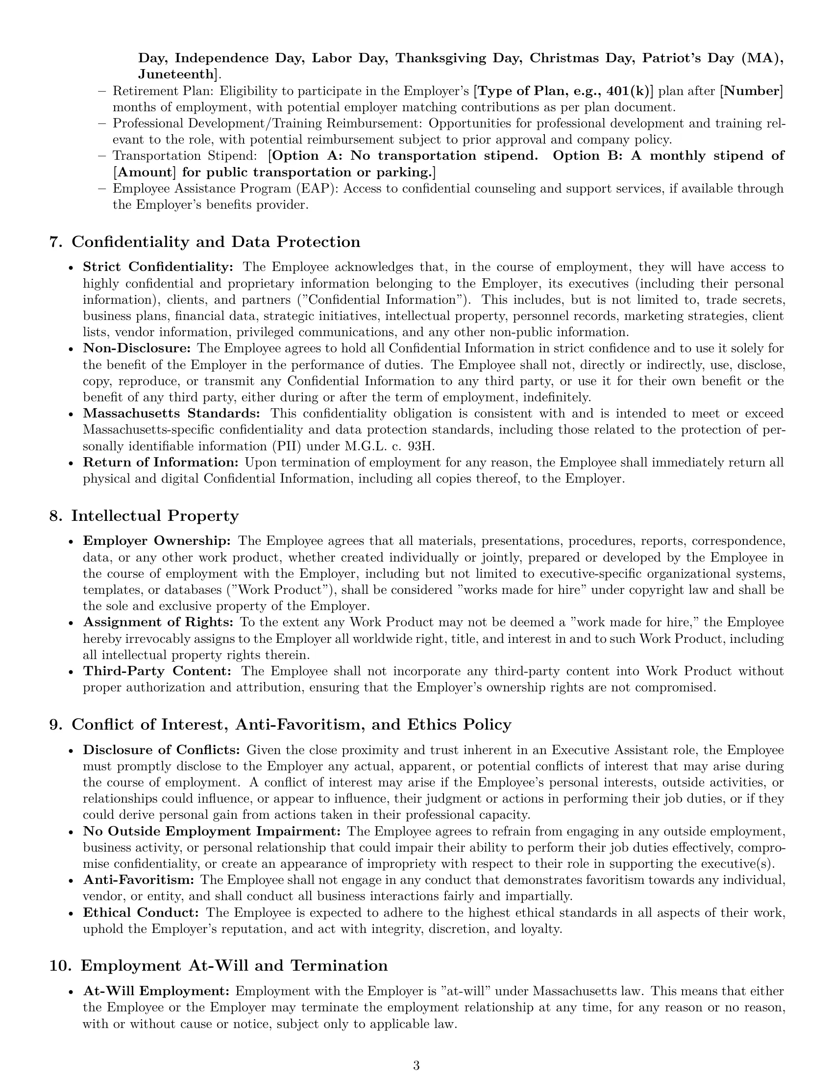Preview page 3 of Pro Massachusetts executive assistant employment contract template