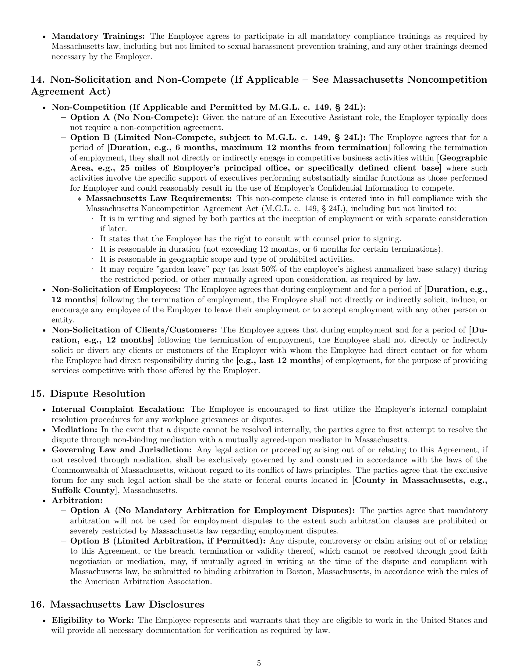 Preview page 5 of Pro Massachusetts executive assistant employment contract template