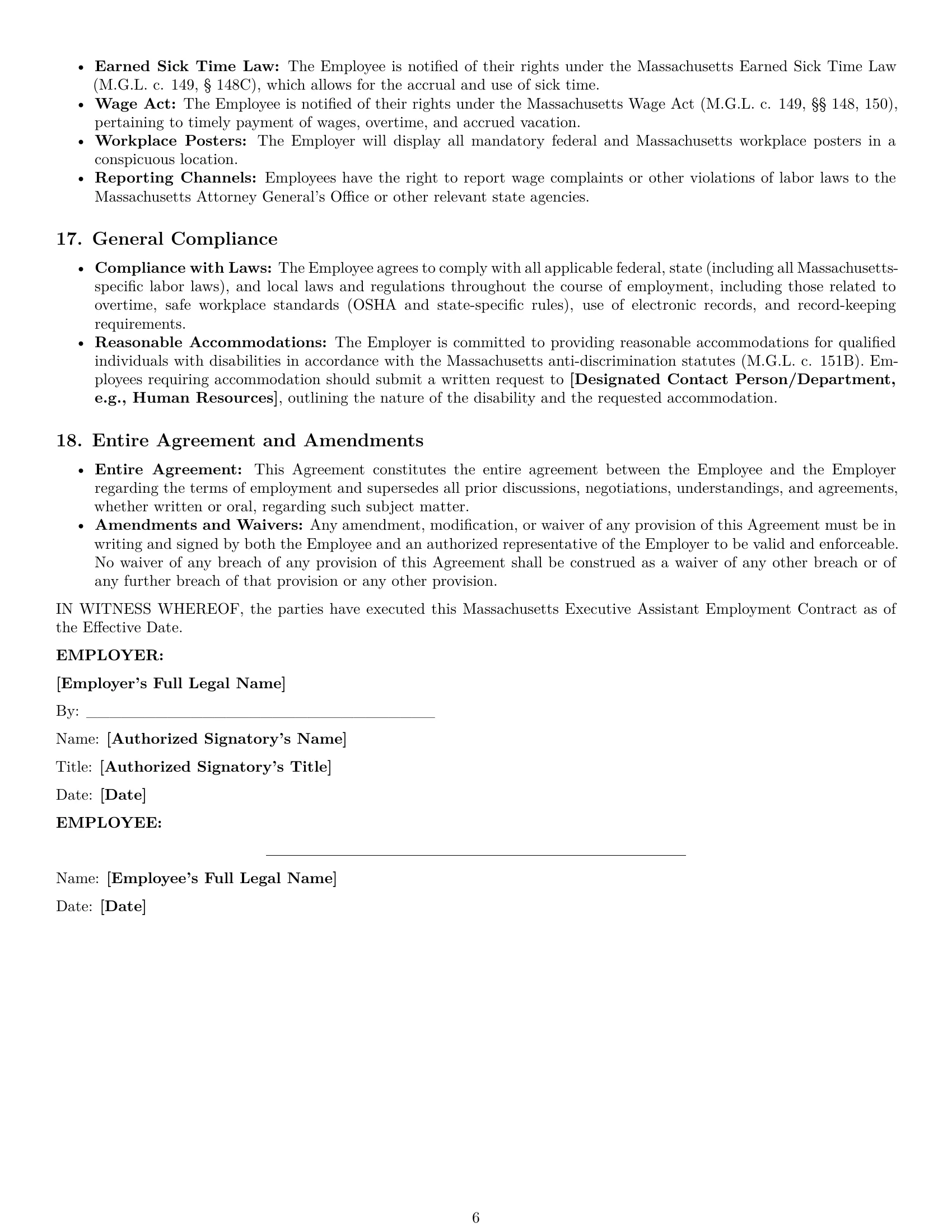 Preview page 6 of Pro Massachusetts executive assistant employment contract template