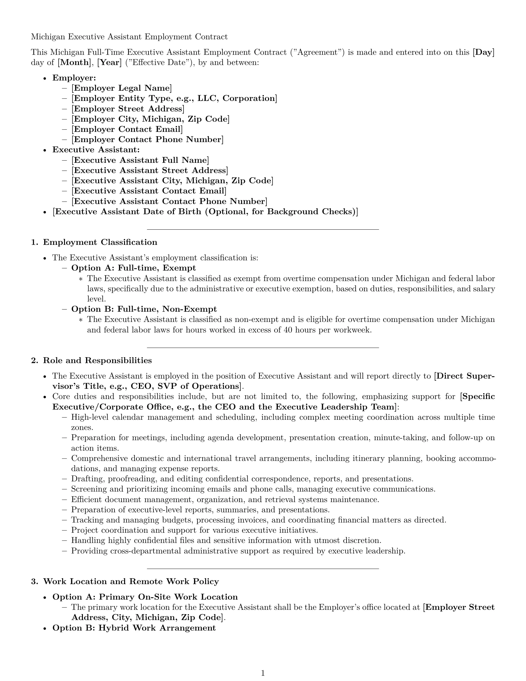 Preview page 1 of Pro Michigan executive assistant employment contract template