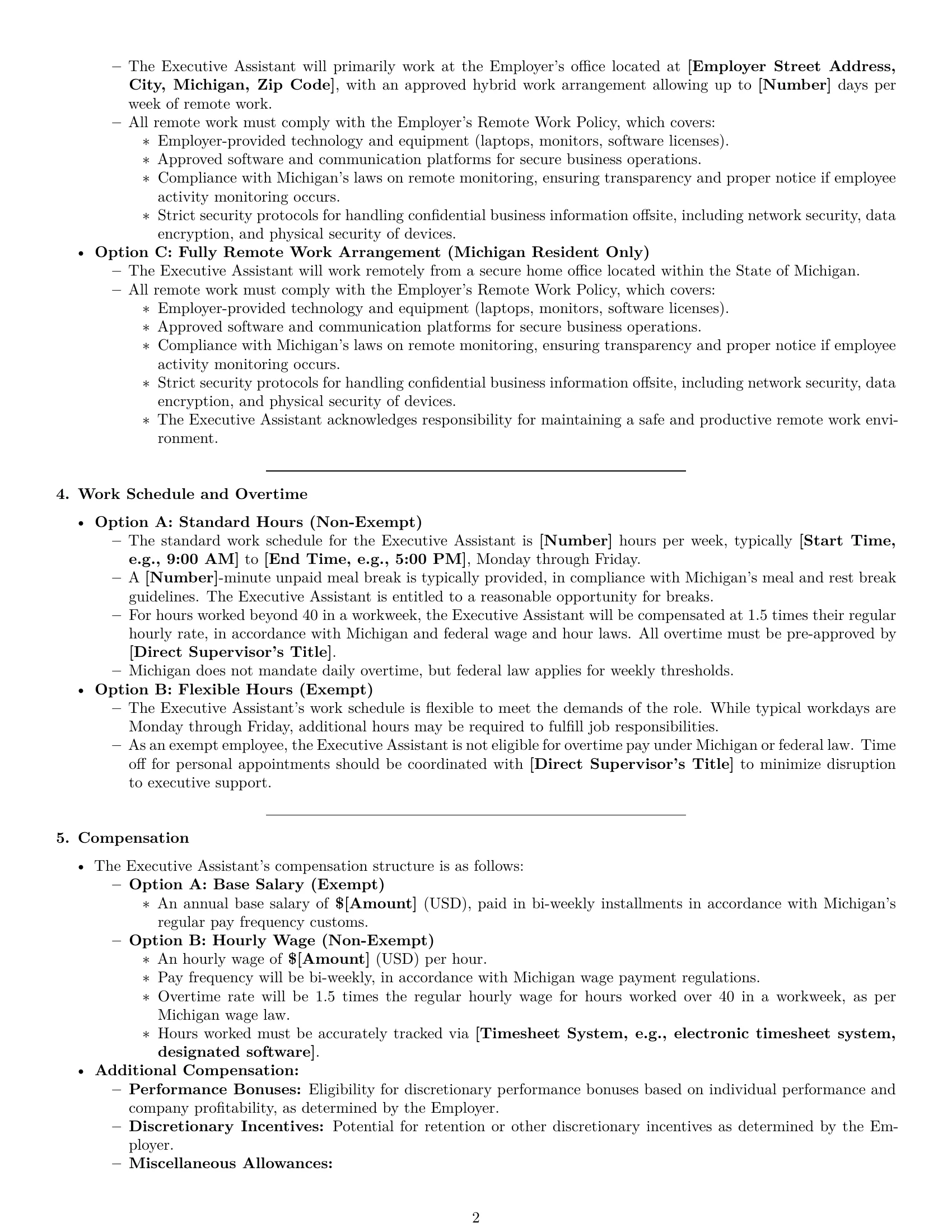 Preview page 2 of Pro Michigan executive assistant employment contract template
