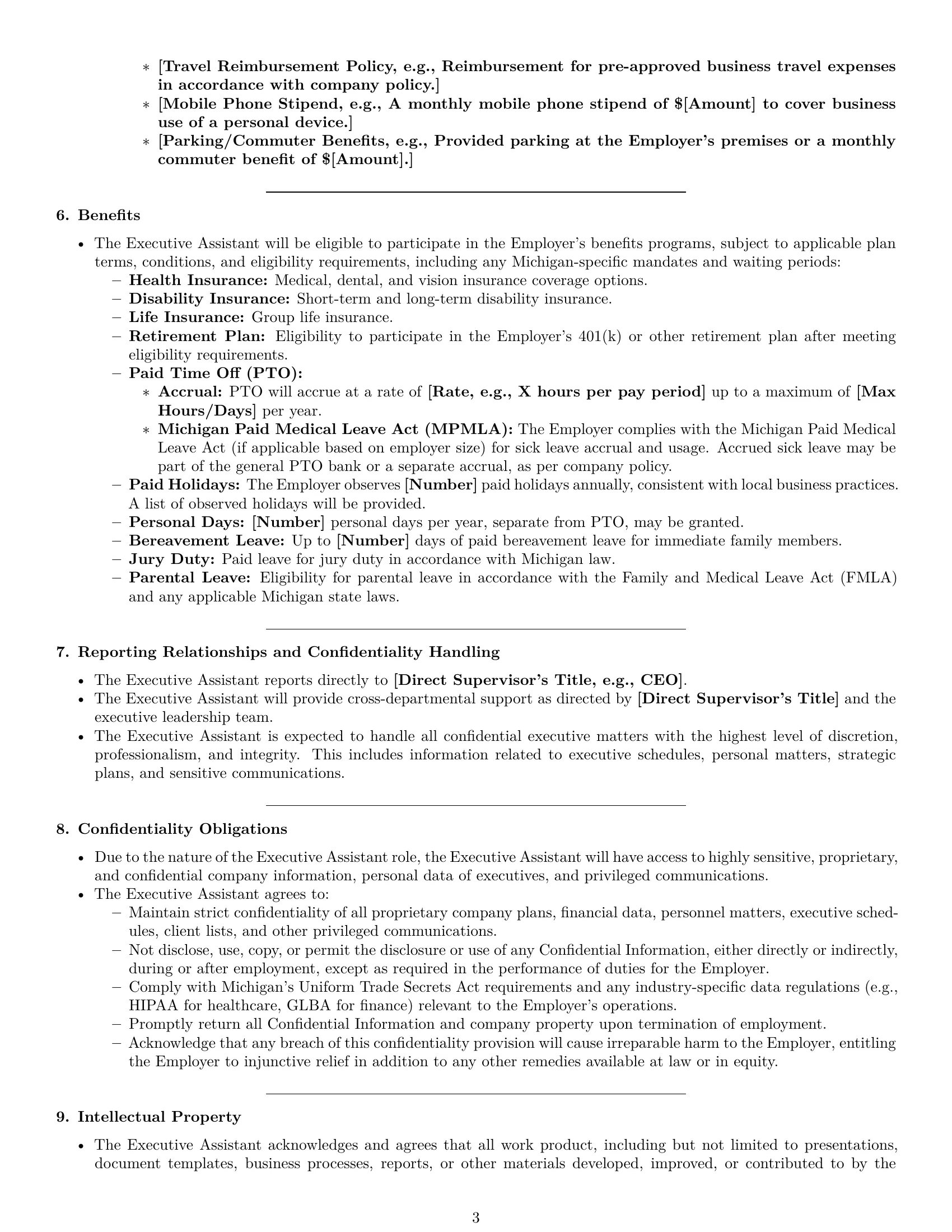 Preview page 3 of Pro Michigan executive assistant employment contract template
