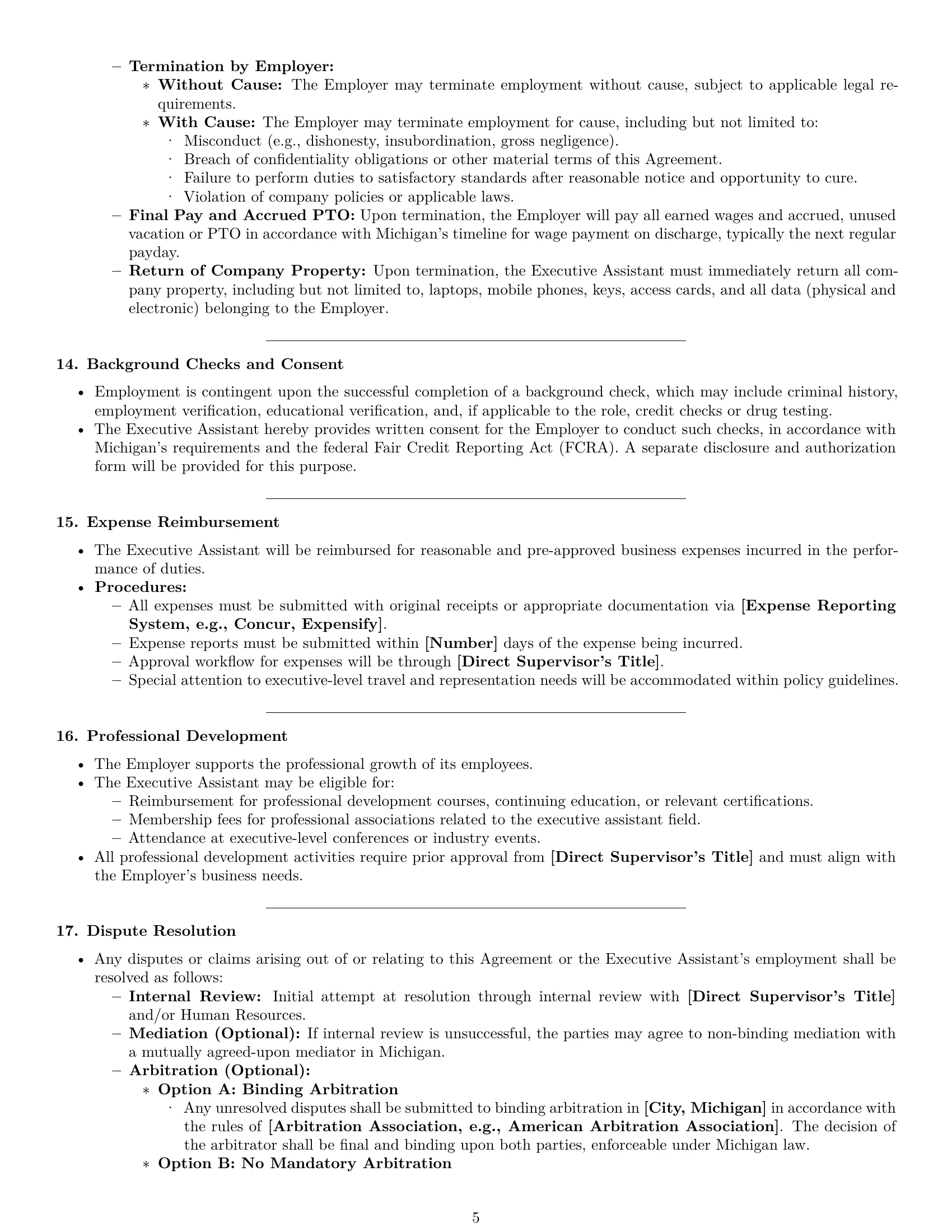 Preview page 5 of Pro Michigan executive assistant employment contract template