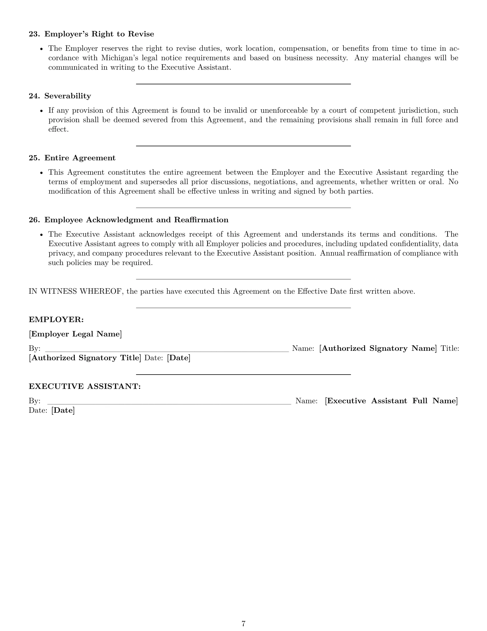 Preview page 7 of Pro Michigan executive assistant employment contract template