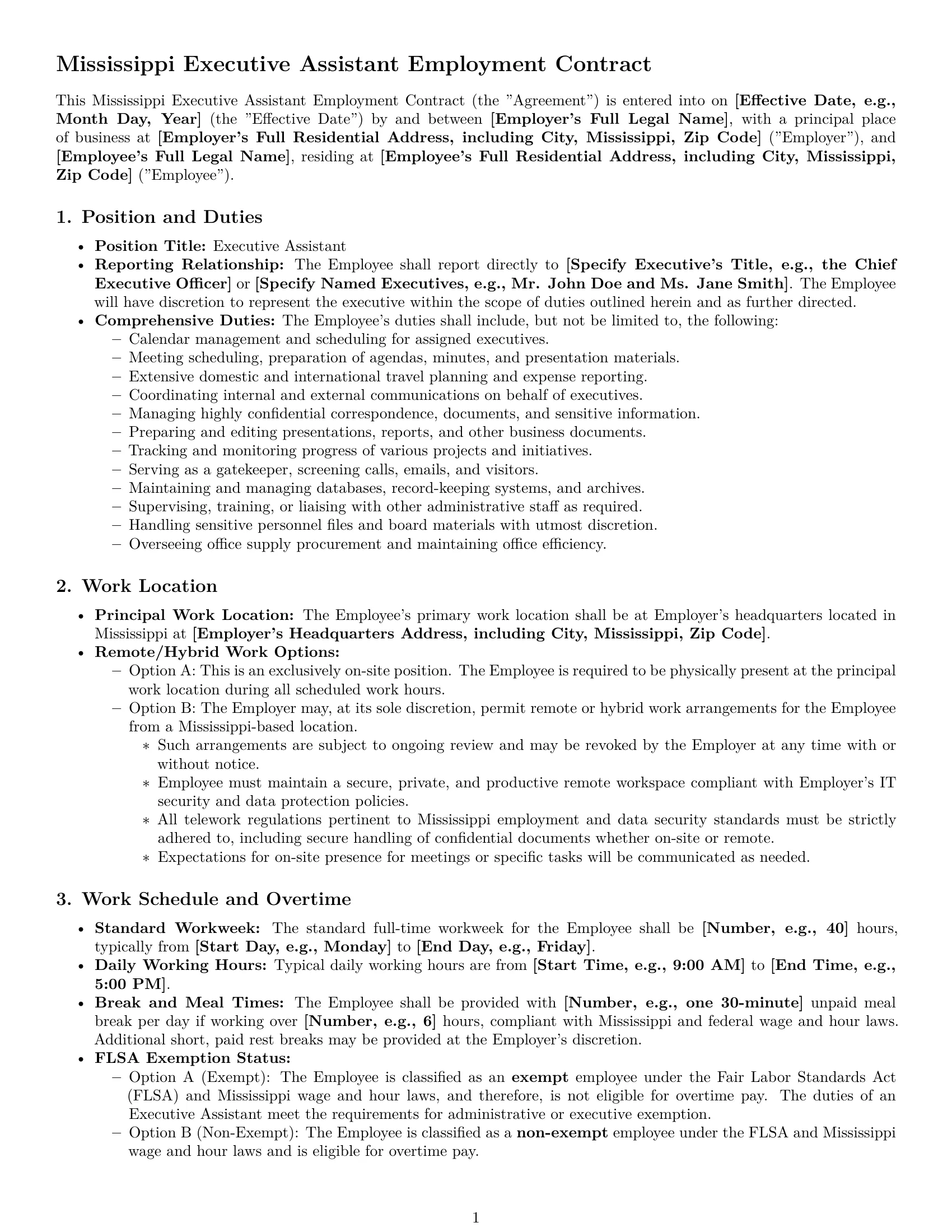 Preview page 1 of Pro Mississippi executive assistant employment contract template