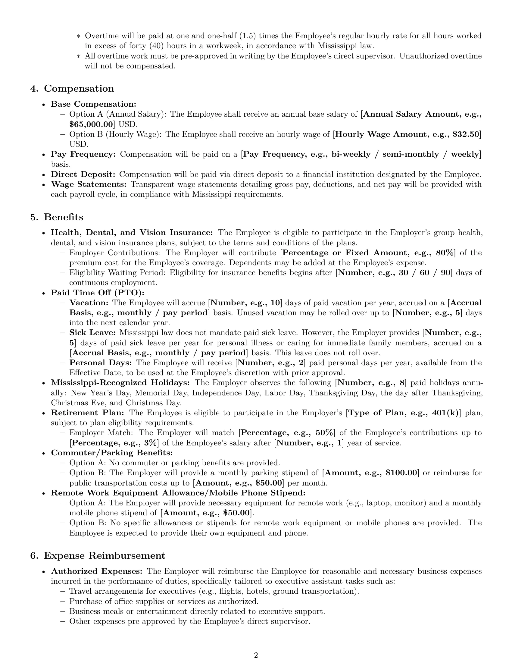 Preview page 2 of Pro Mississippi executive assistant employment contract template