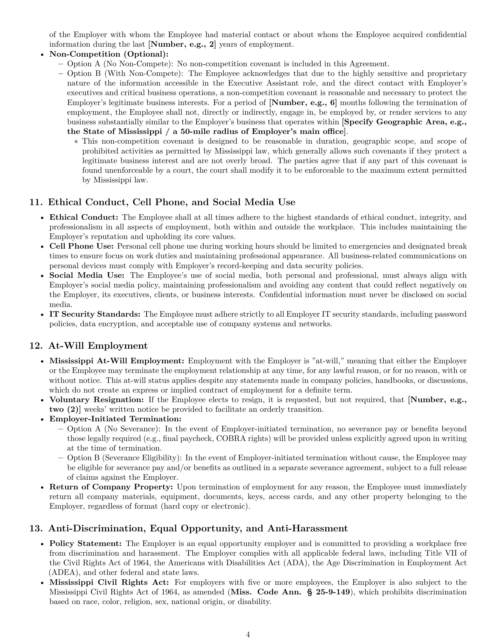 Preview page 4 of Pro Mississippi executive assistant employment contract template