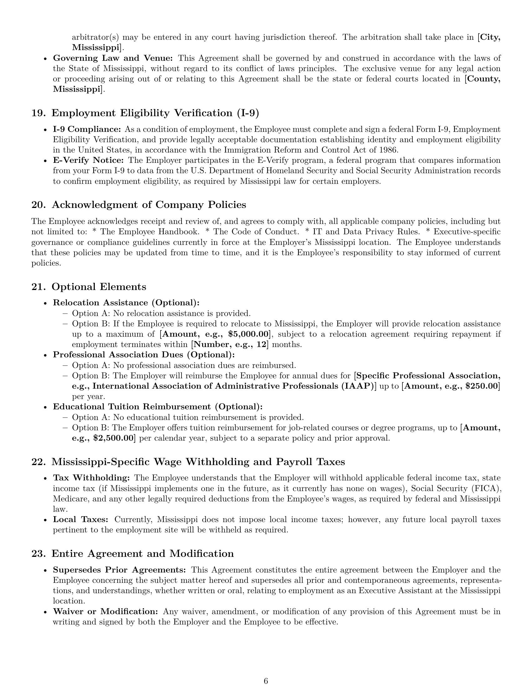 Preview page 6 of Pro Mississippi executive assistant employment contract template