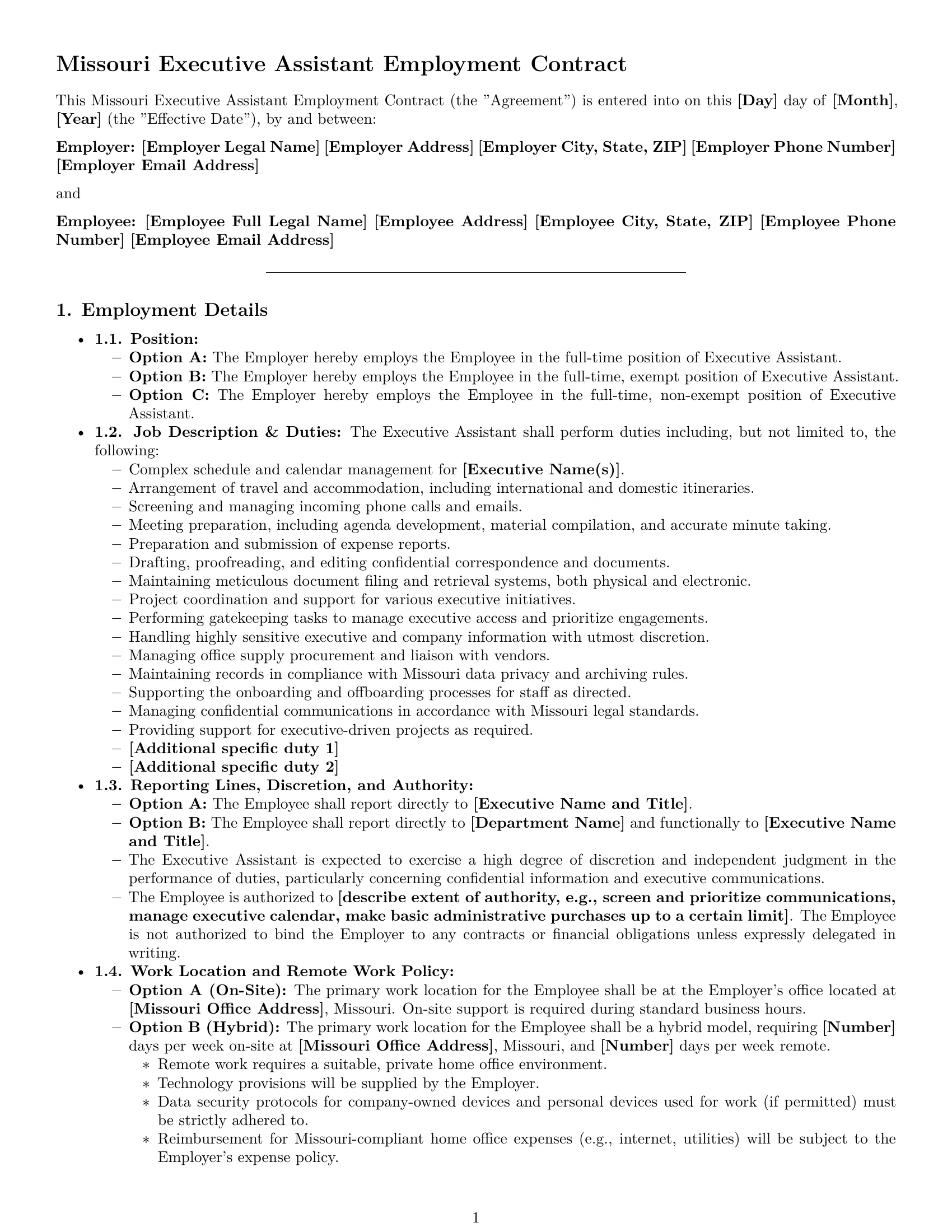 Preview page 1 of Pro Missouri executive assistant employment contract template