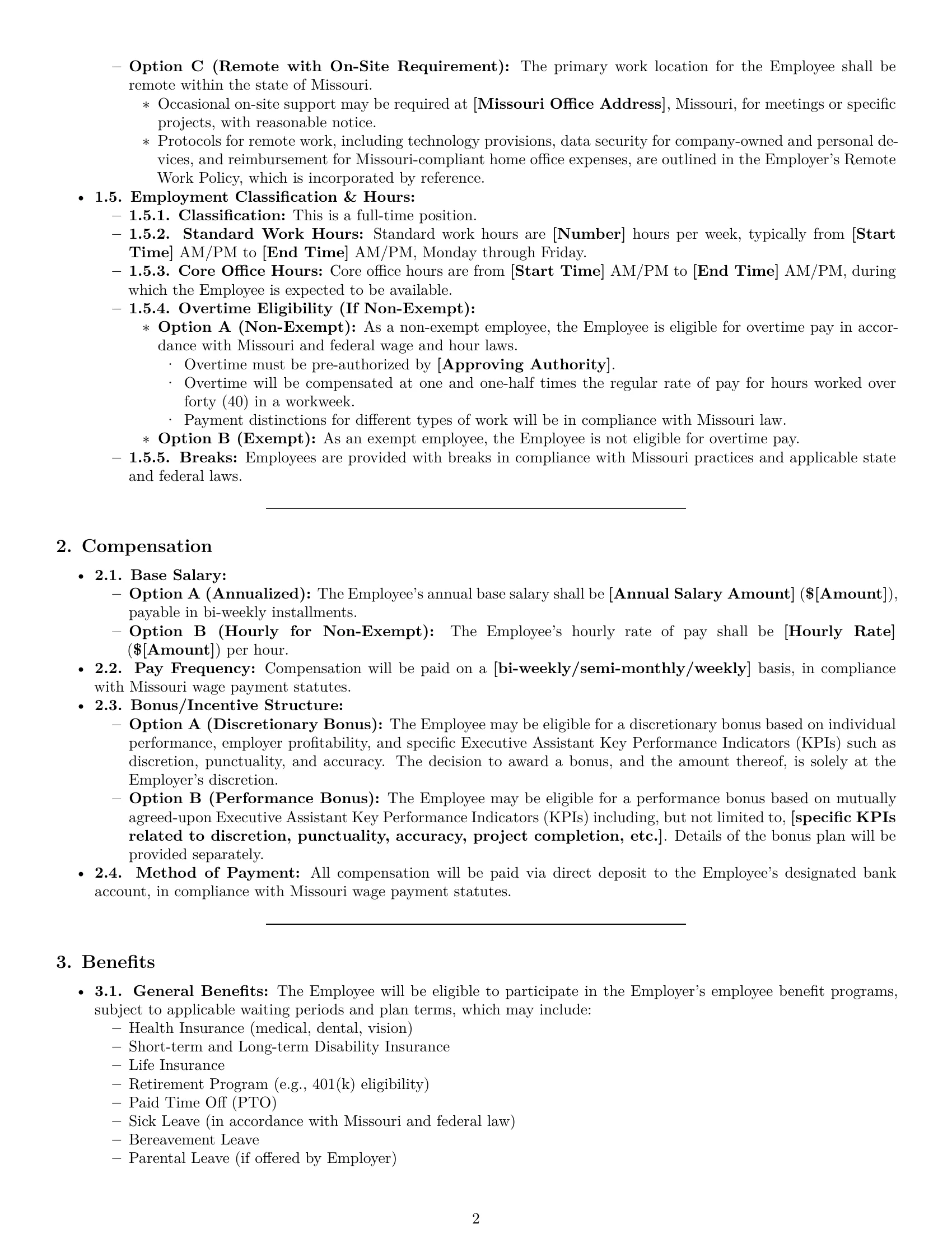 Preview page 2 of Pro Missouri executive assistant employment contract template