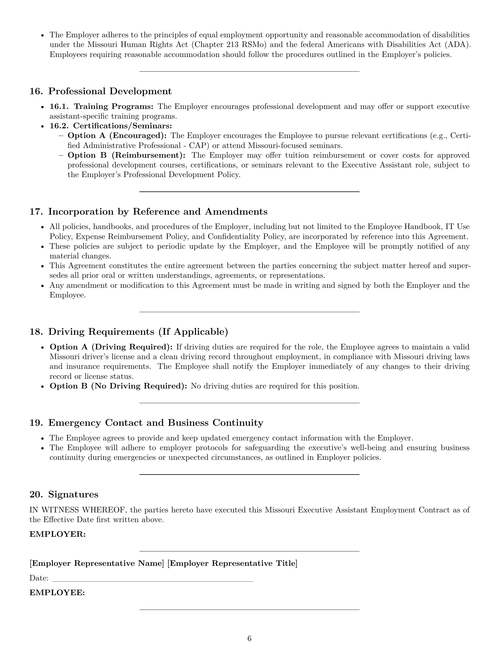 Preview page 6 of Pro Missouri executive assistant employment contract template