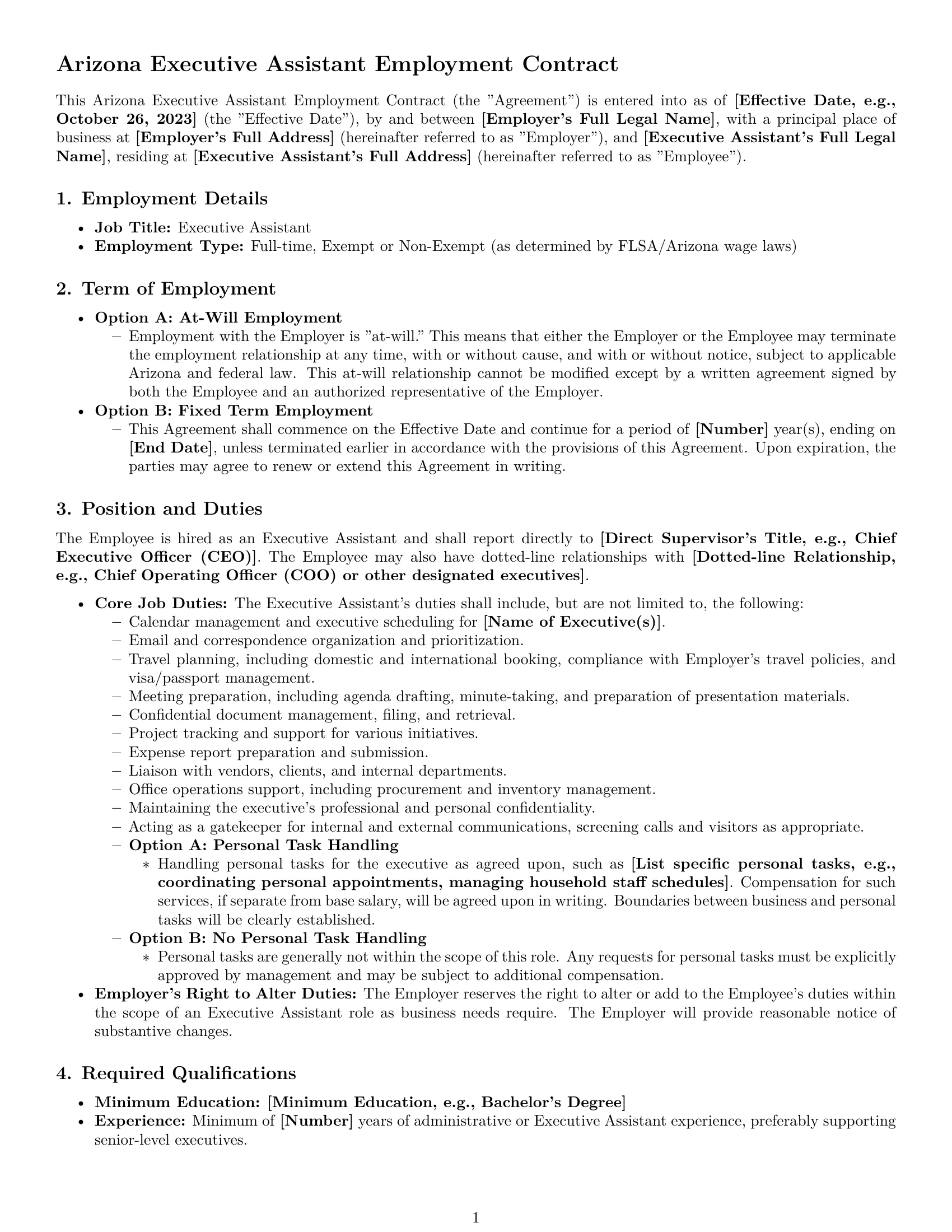 Preview page 1 of Pro Arizona executive assistant employment contract template