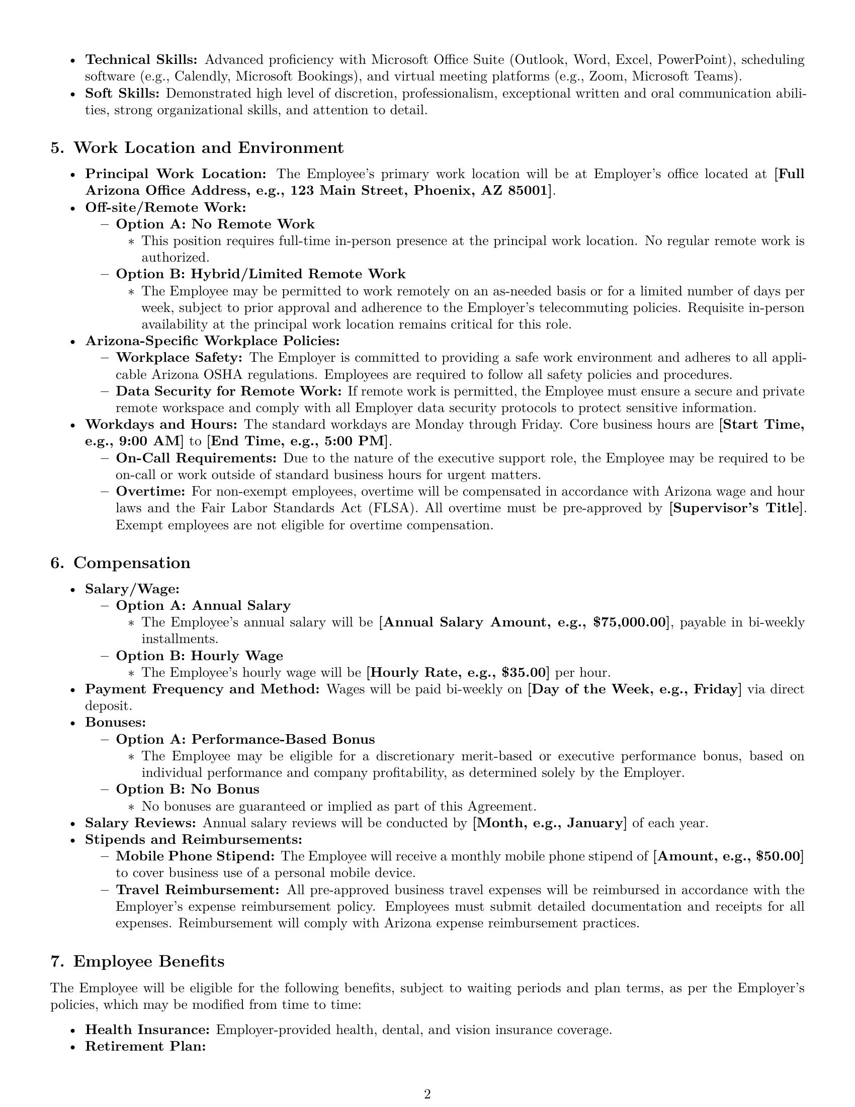 Preview page 2 of Pro Arizona executive assistant employment contract template