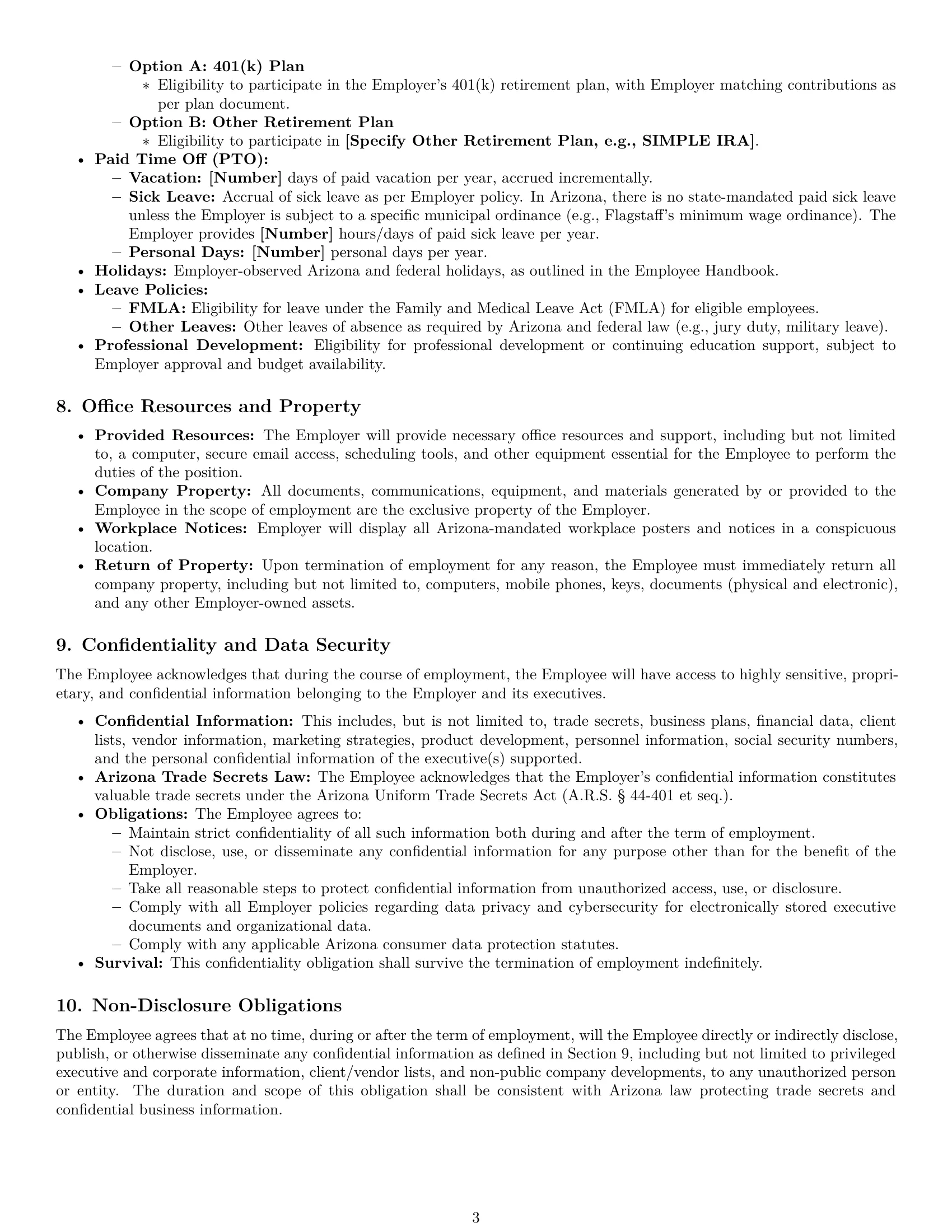 Preview page 3 of Pro Arizona executive assistant employment contract template