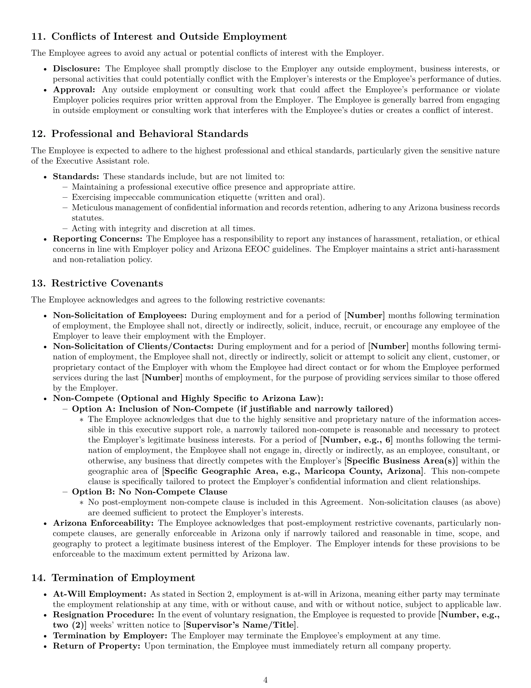 Preview page 4 of Pro Arizona executive assistant employment contract template