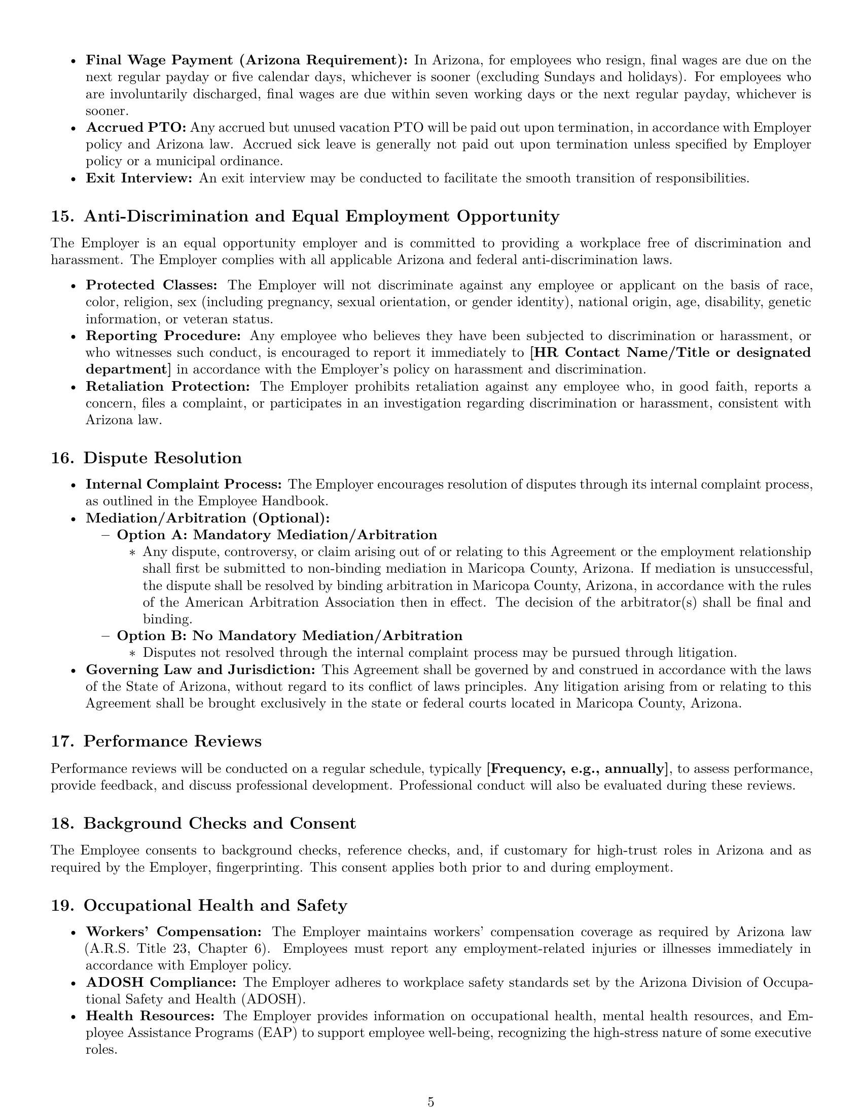 Preview page 5 of Pro Arizona executive assistant employment contract template