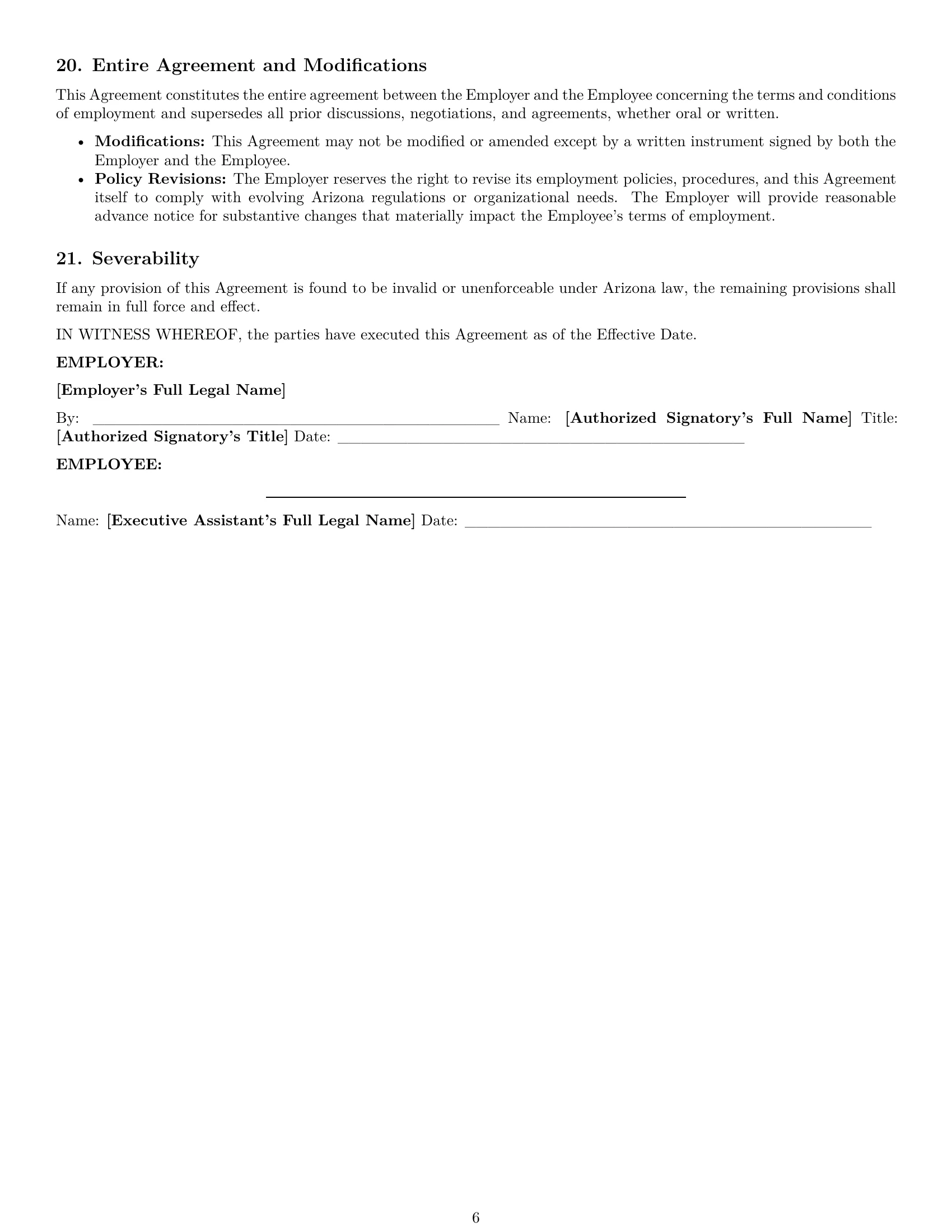 Preview page 6 of Pro Arizona executive assistant employment contract template
