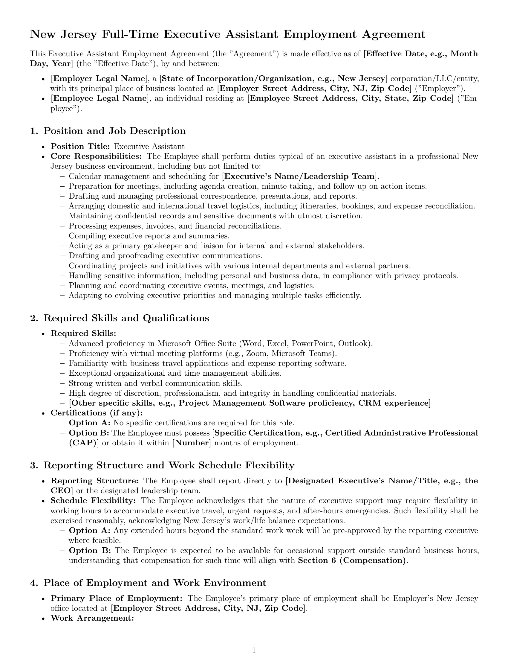 Preview page 1 of Pro New Jersey executive assistant employment contract template