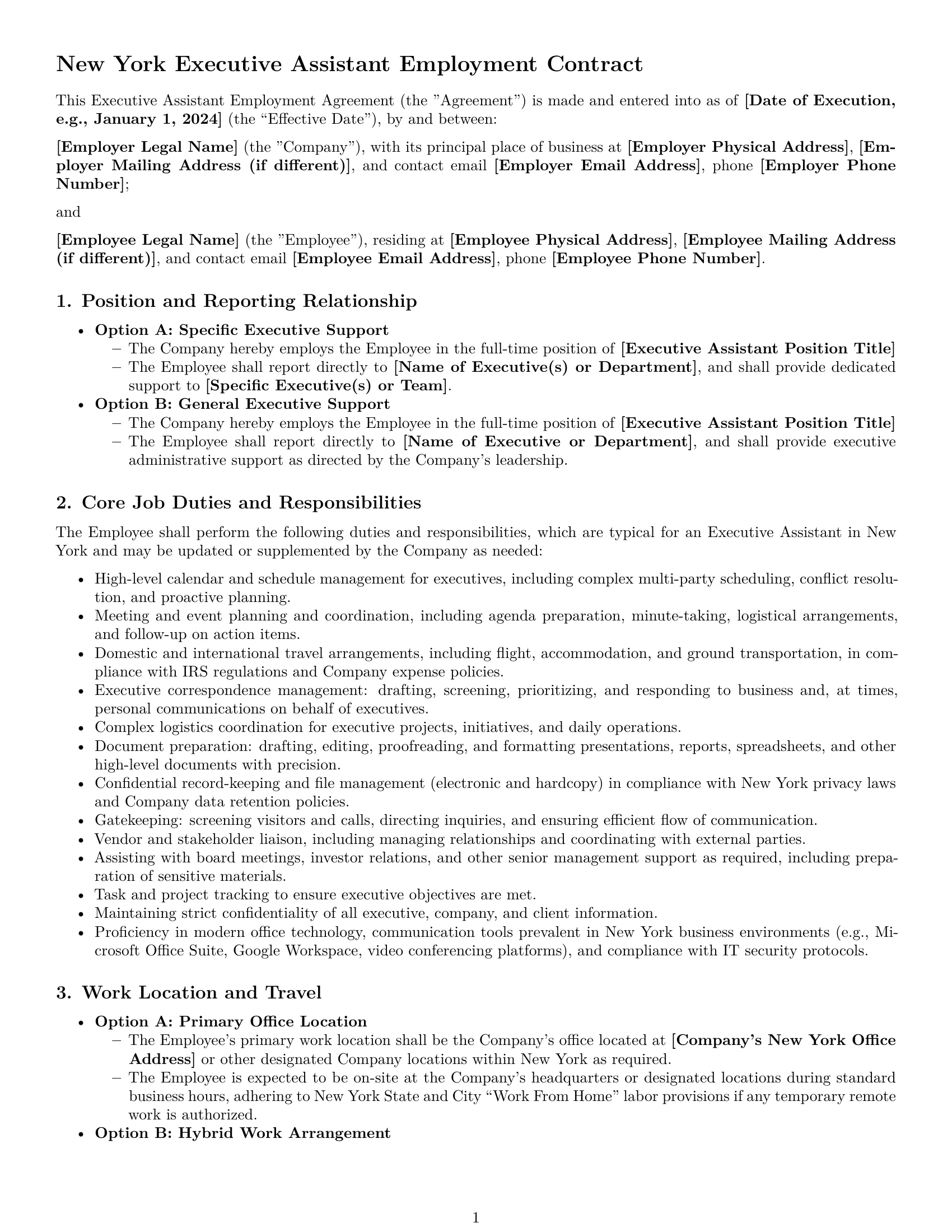 Preview page 1 of Pro New York executive assistant employment contract template
