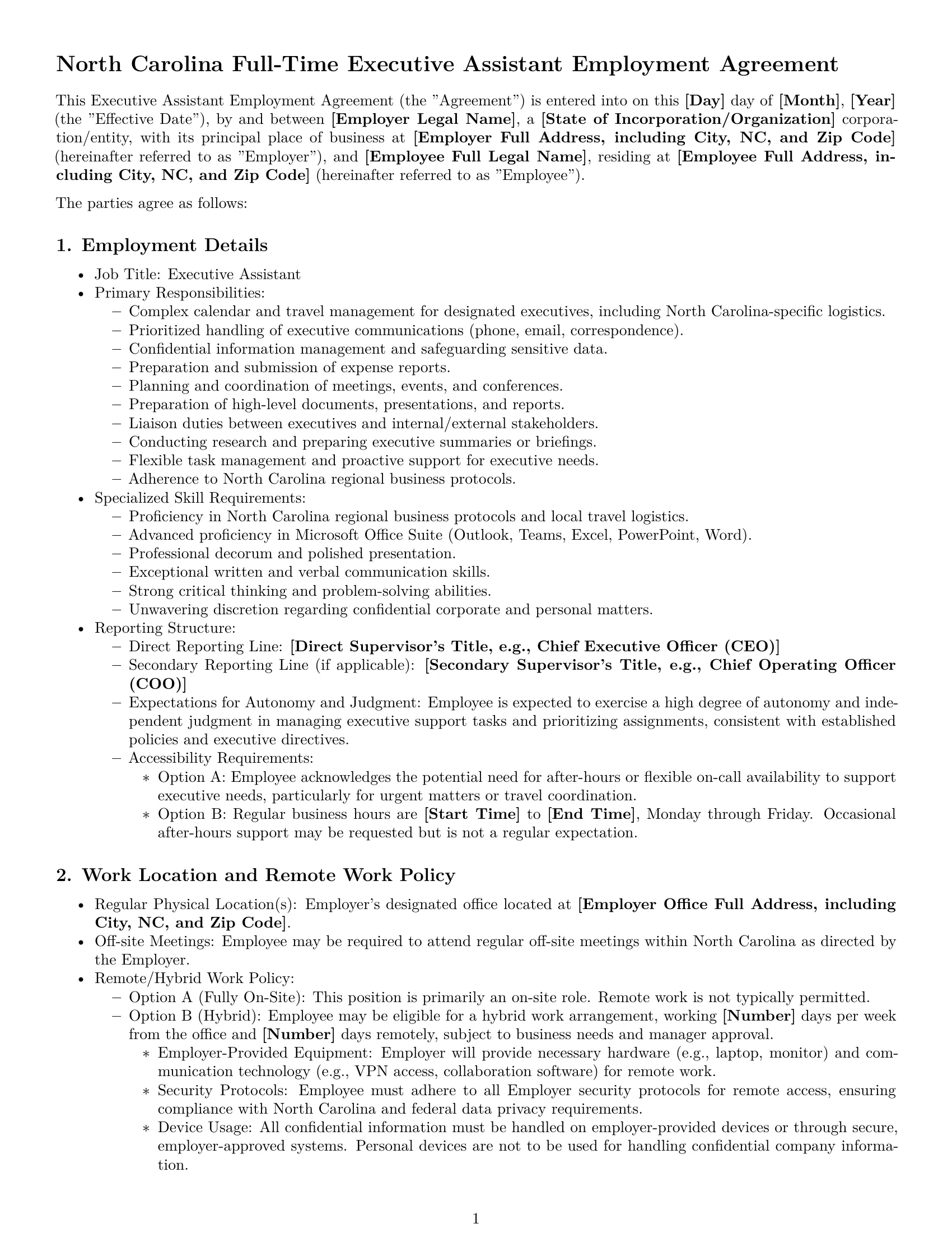 Preview page 1 of Pro North Carolina executive assistant employment contract template
