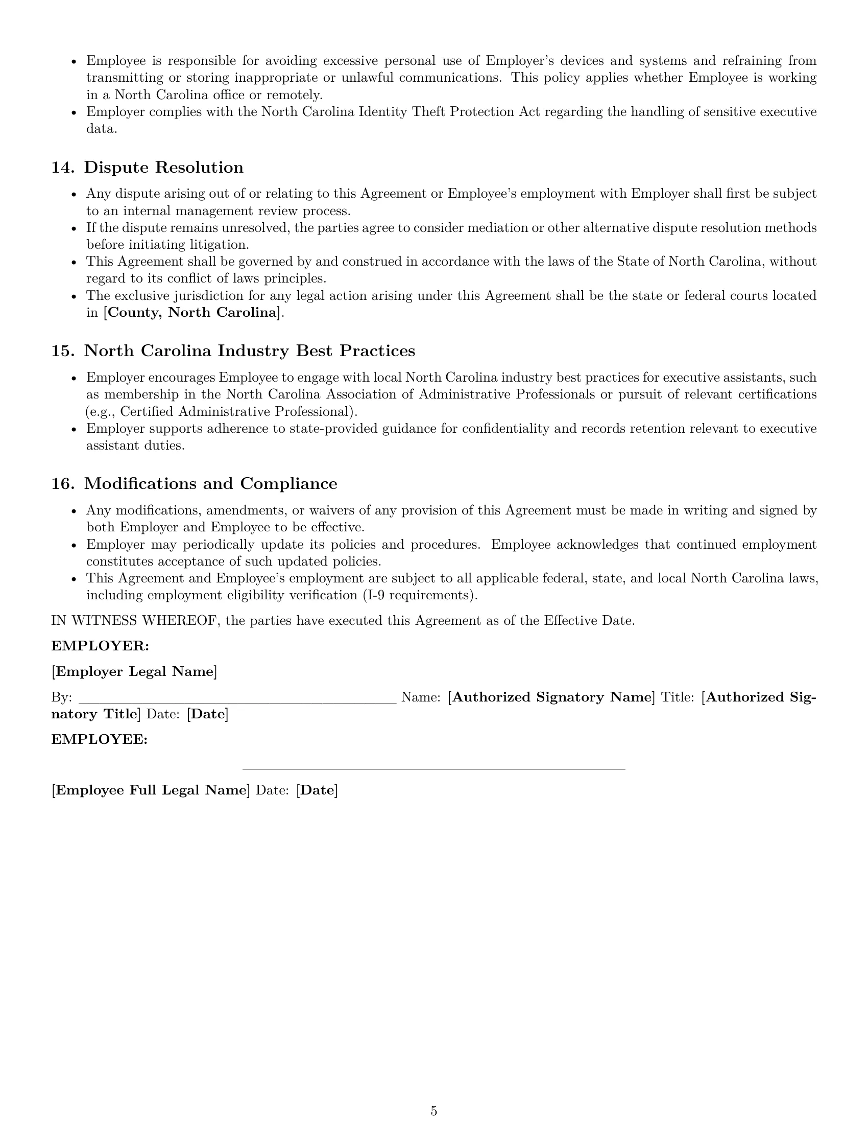 Preview page 5 of Pro North Carolina executive assistant employment contract template
