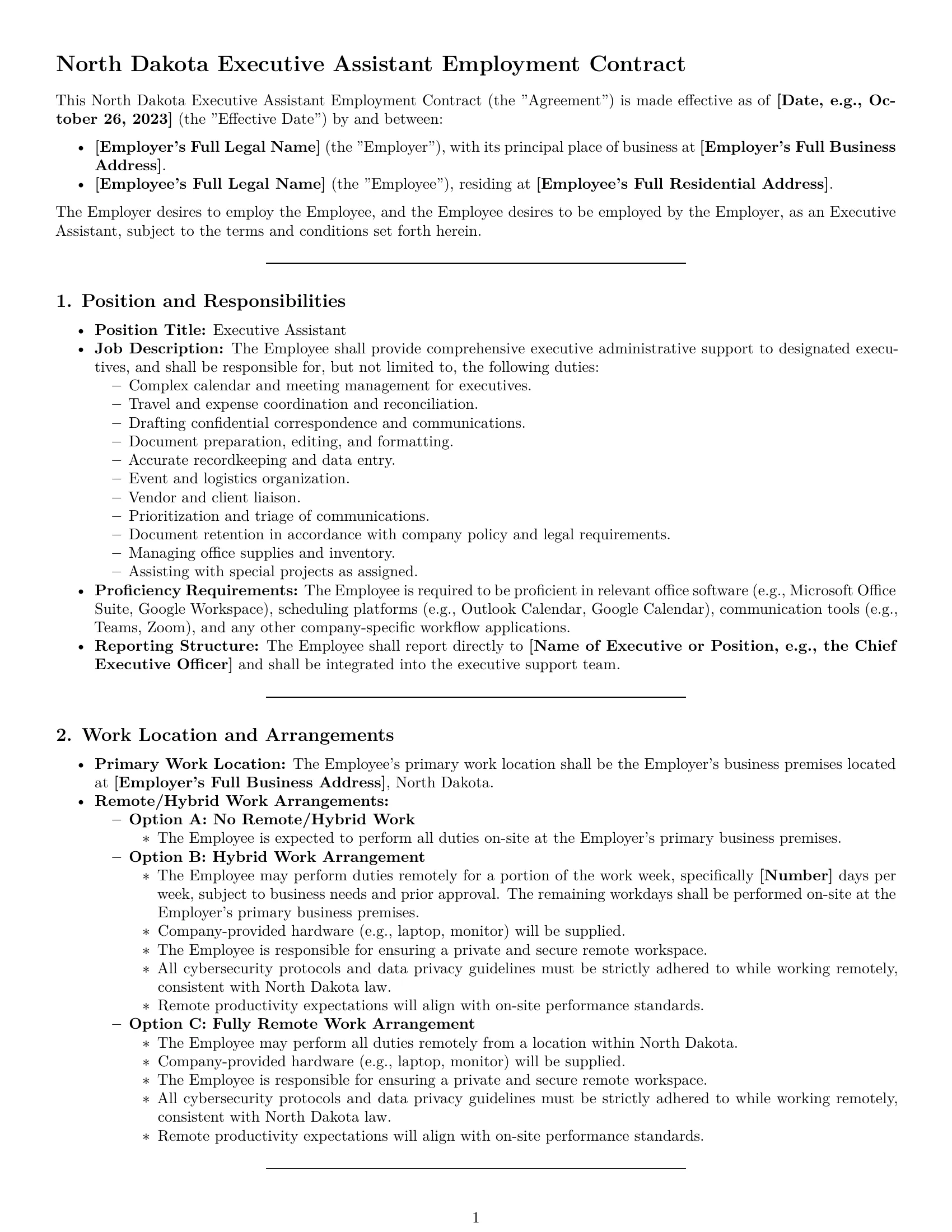 Preview page 1 of Pro North Dakota executive assistant employment contract template