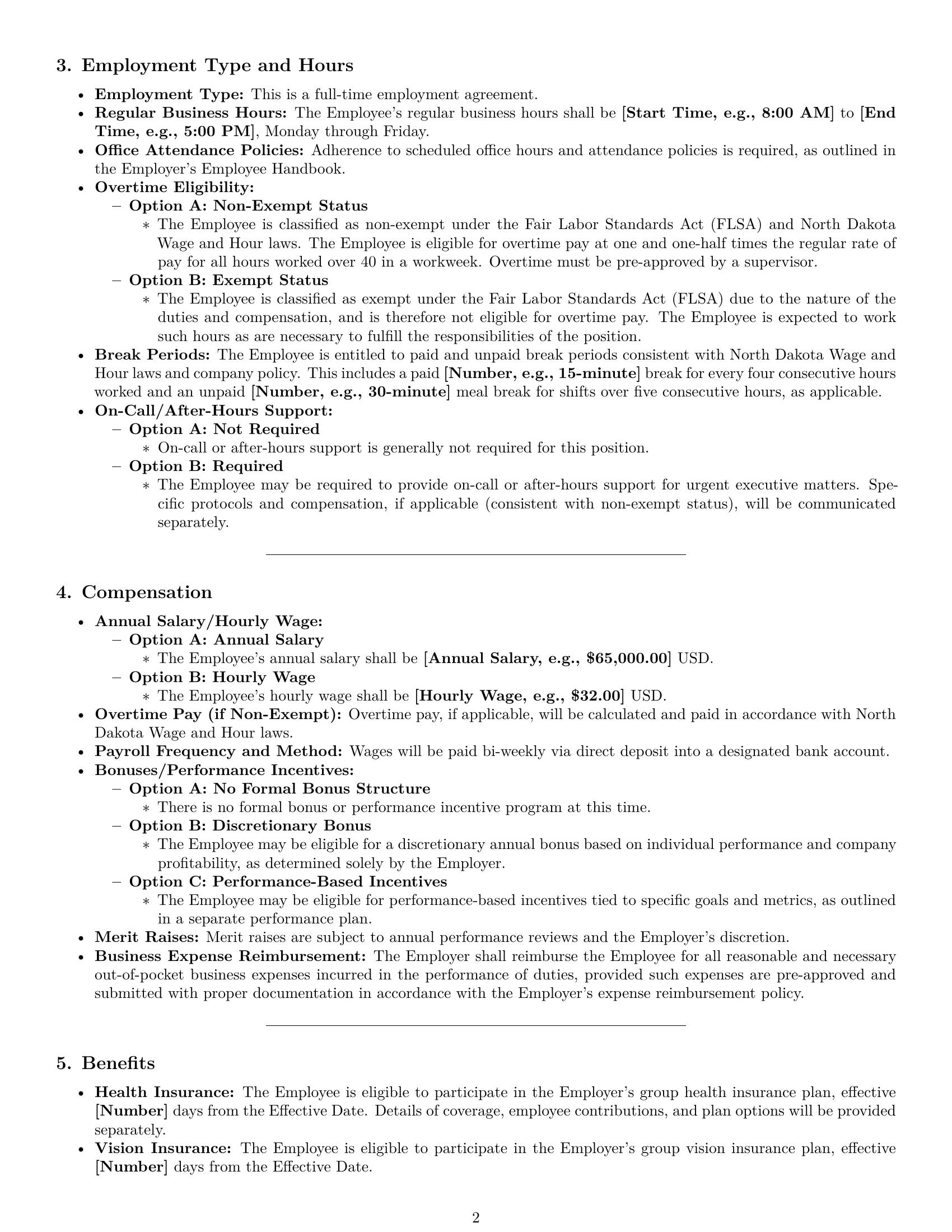 Preview page 2 of Pro North Dakota executive assistant employment contract template