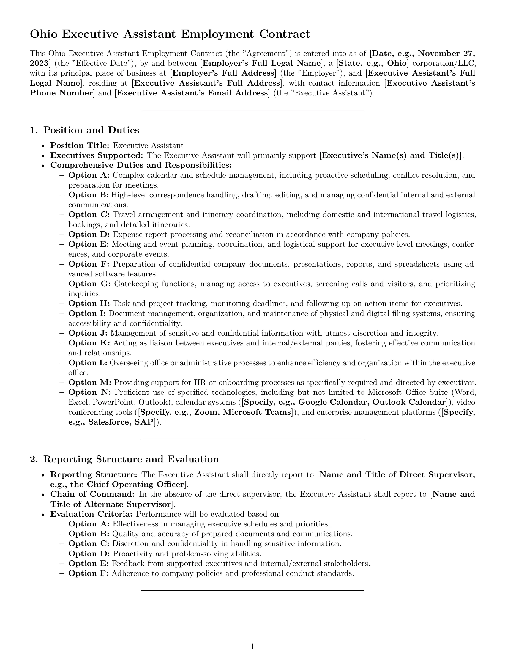 Preview page 1 of Pro Ohio executive assistant employment contract template