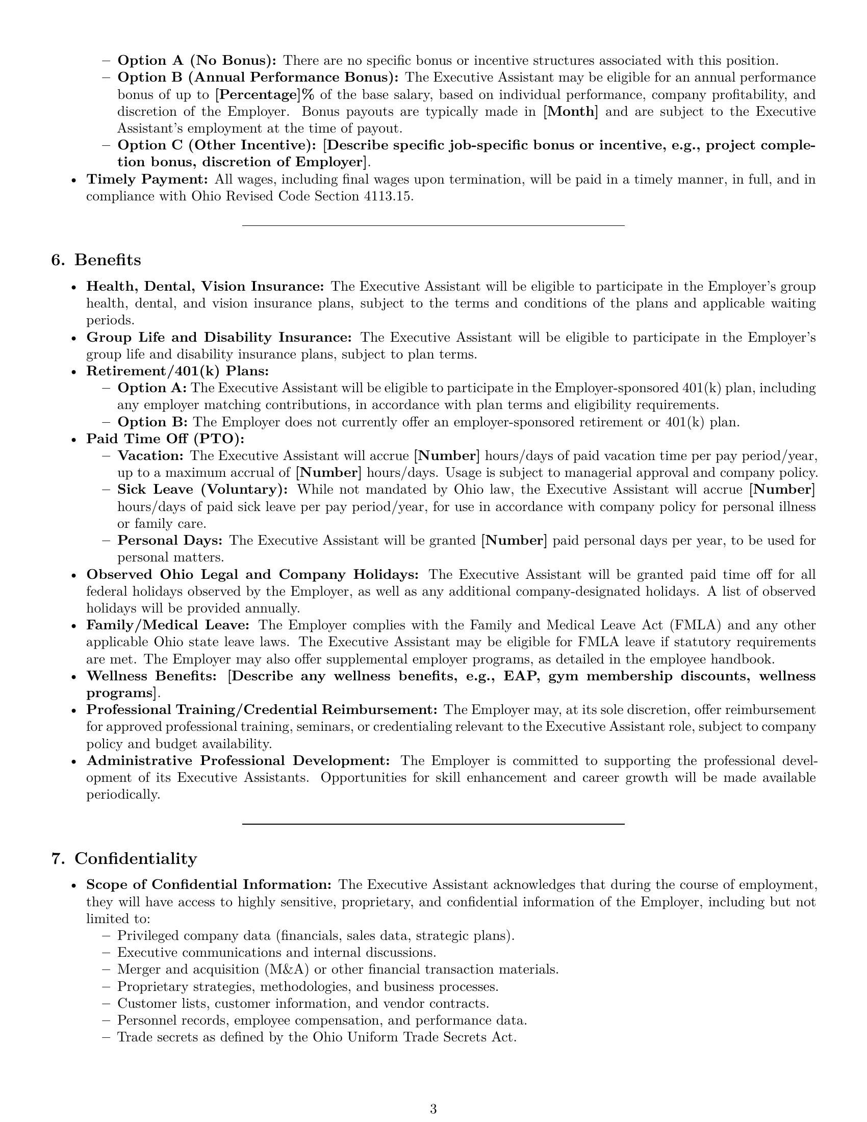 Preview page 3 of Pro Ohio executive assistant employment contract template