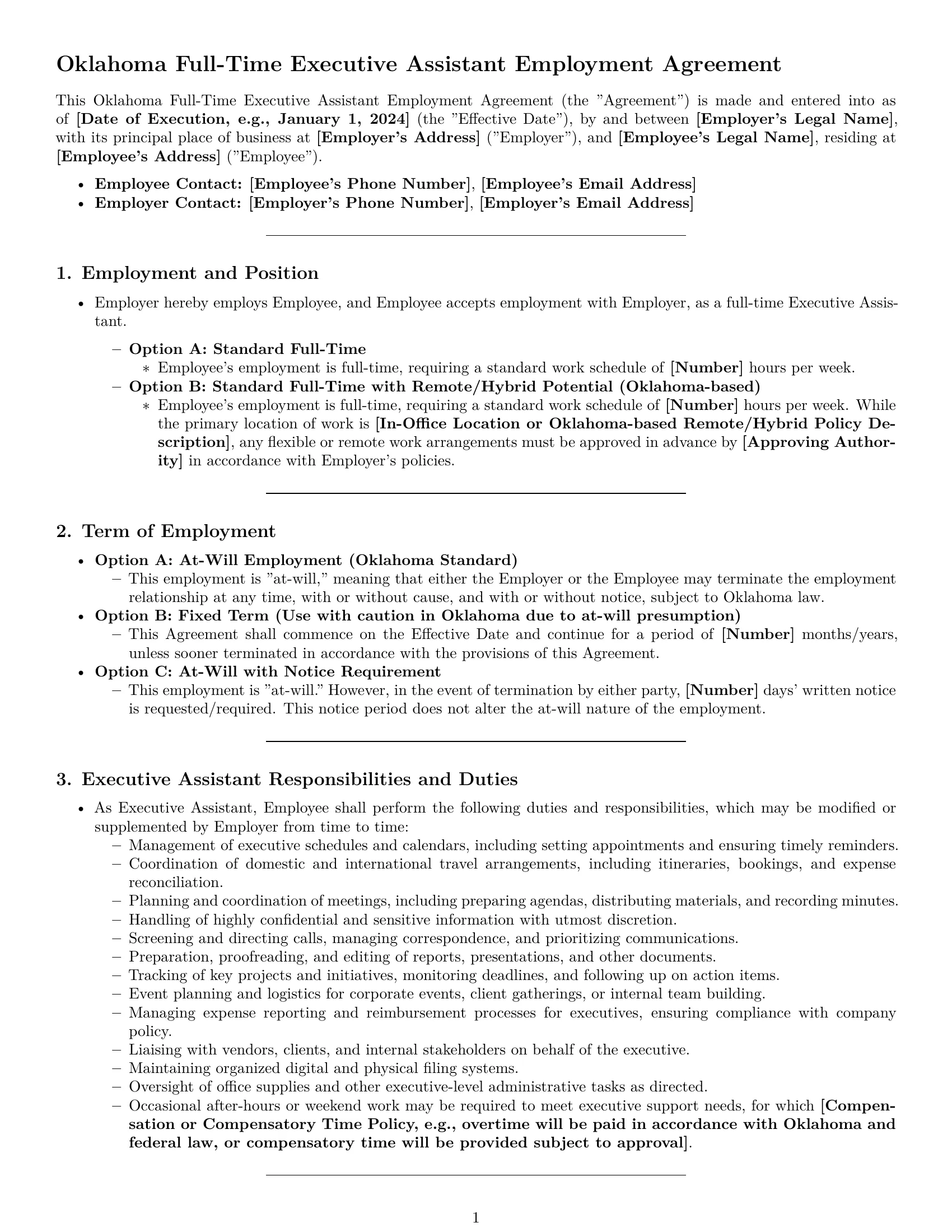 Preview page 1 of Pro Oklahoma executive assistant employment contract template