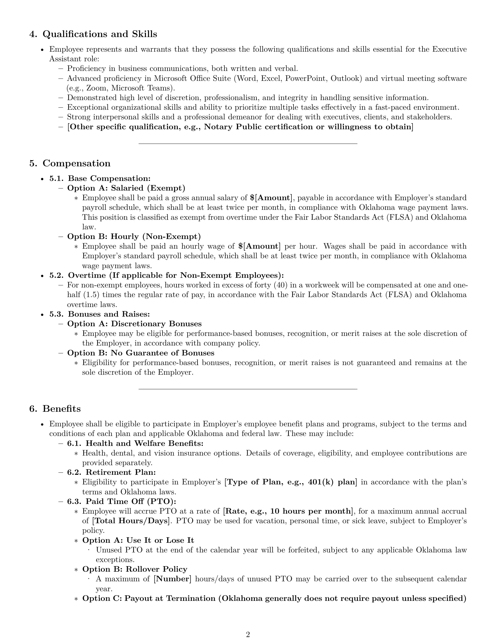 Preview page 2 of Pro Oklahoma executive assistant employment contract template