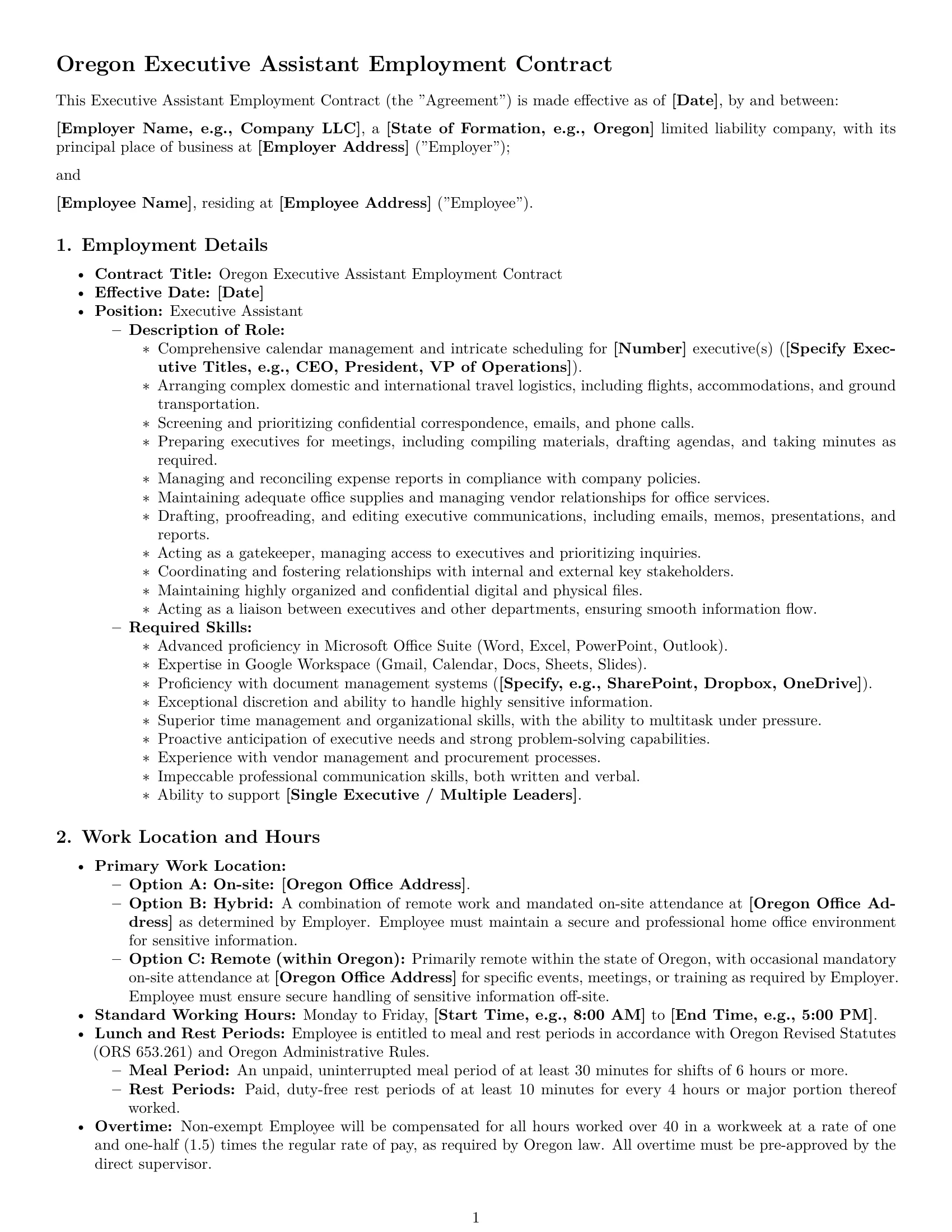 Preview page 1 of Pro Oregon executive assistant employment contract template