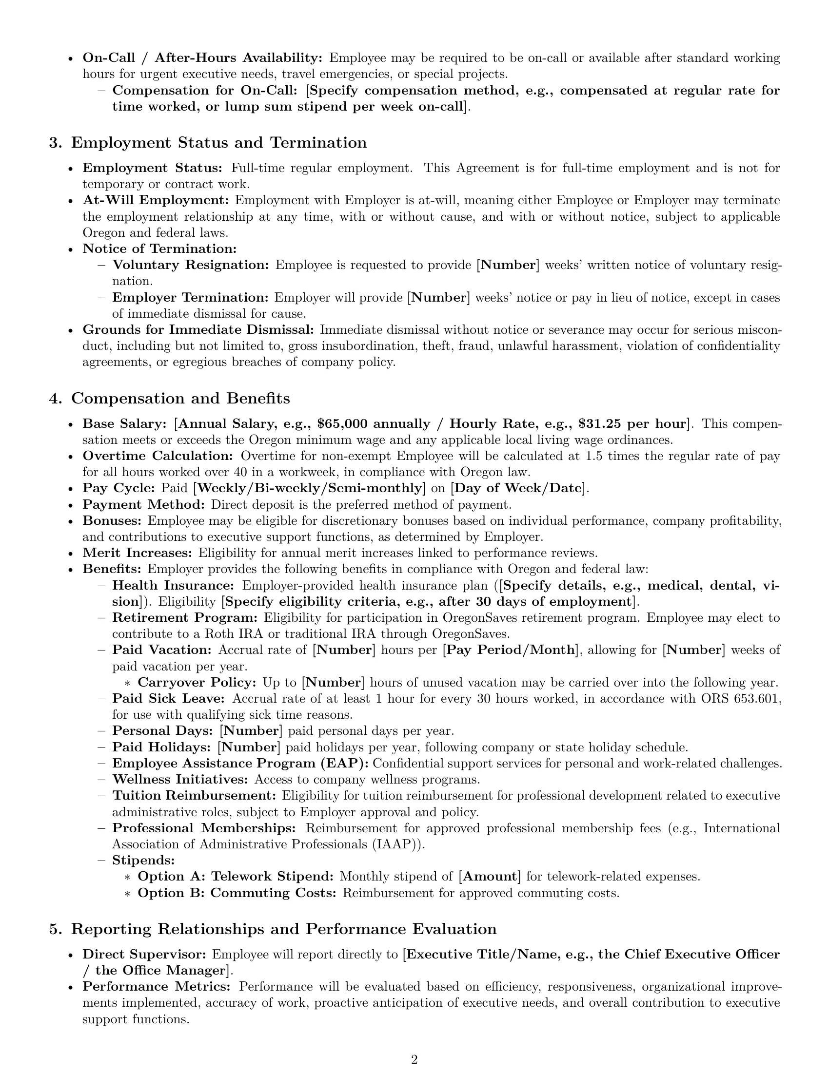 Preview page 2 of Pro Oregon executive assistant employment contract template