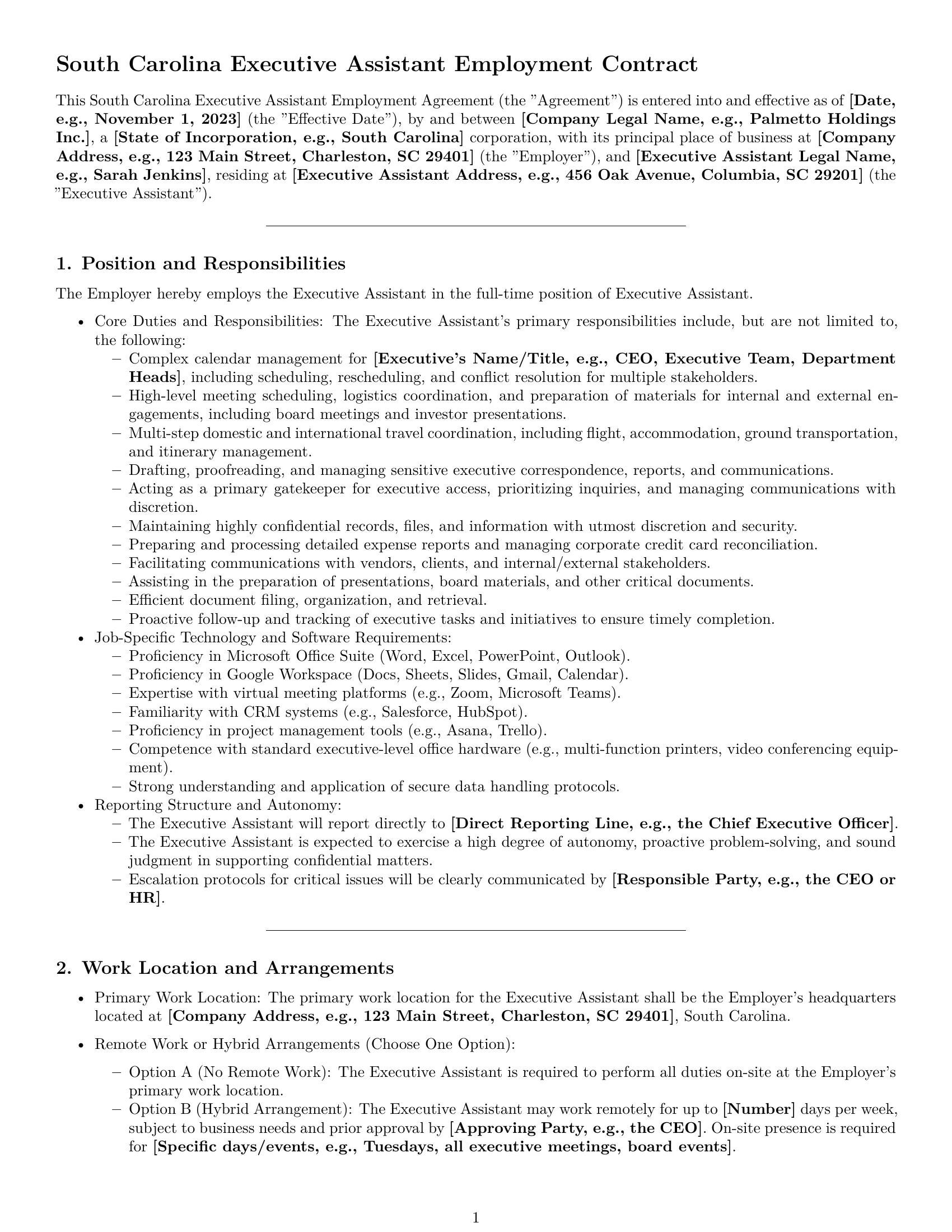 Preview page 1 of Pro South Carolina executive assistant employment contract template