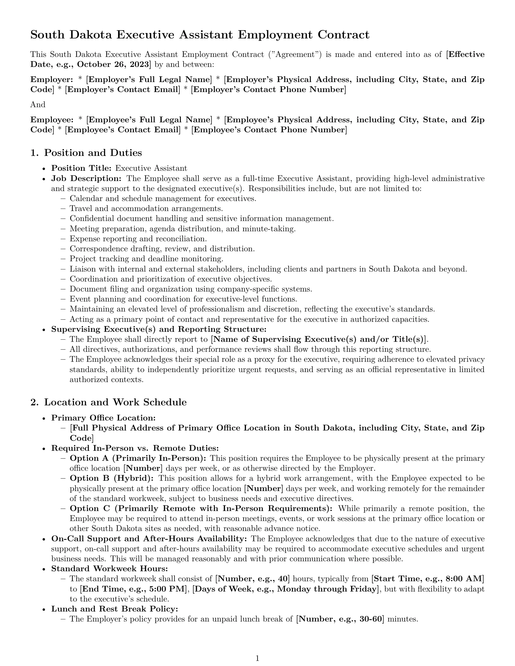 Preview page 1 of Pro South Dakota executive assistant employment contract template