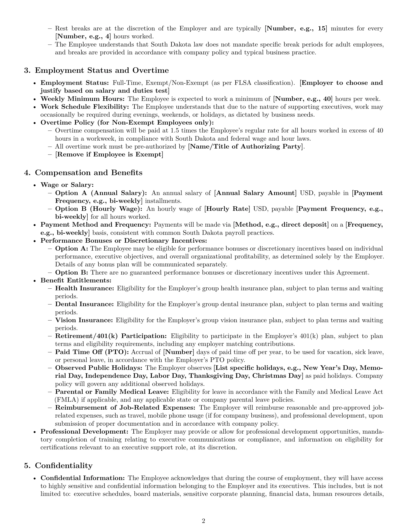 Preview page 2 of Pro South Dakota executive assistant employment contract template