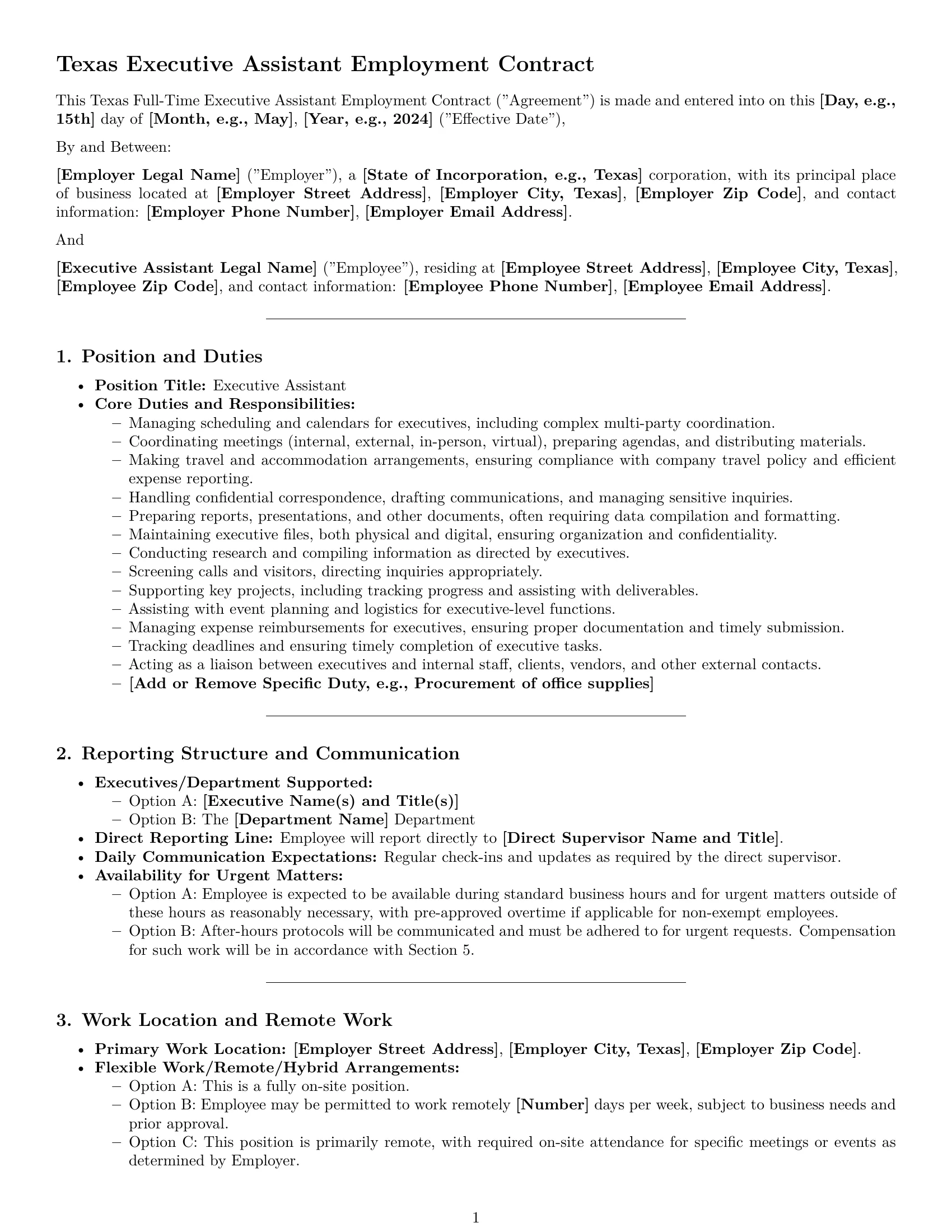 Preview page 1 of Pro Texas executive assistant employment contract template