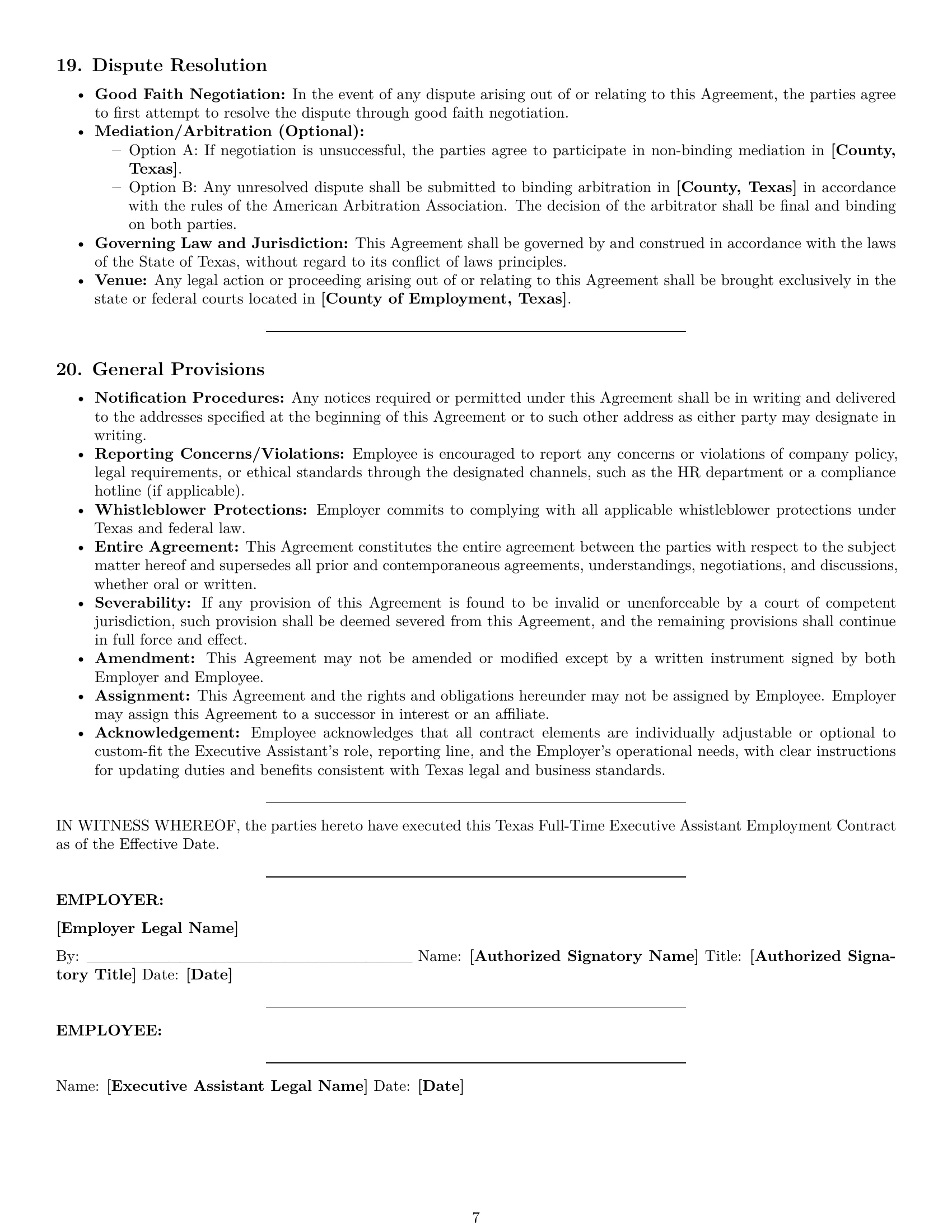 Preview page 7 of Pro Texas executive assistant employment contract template