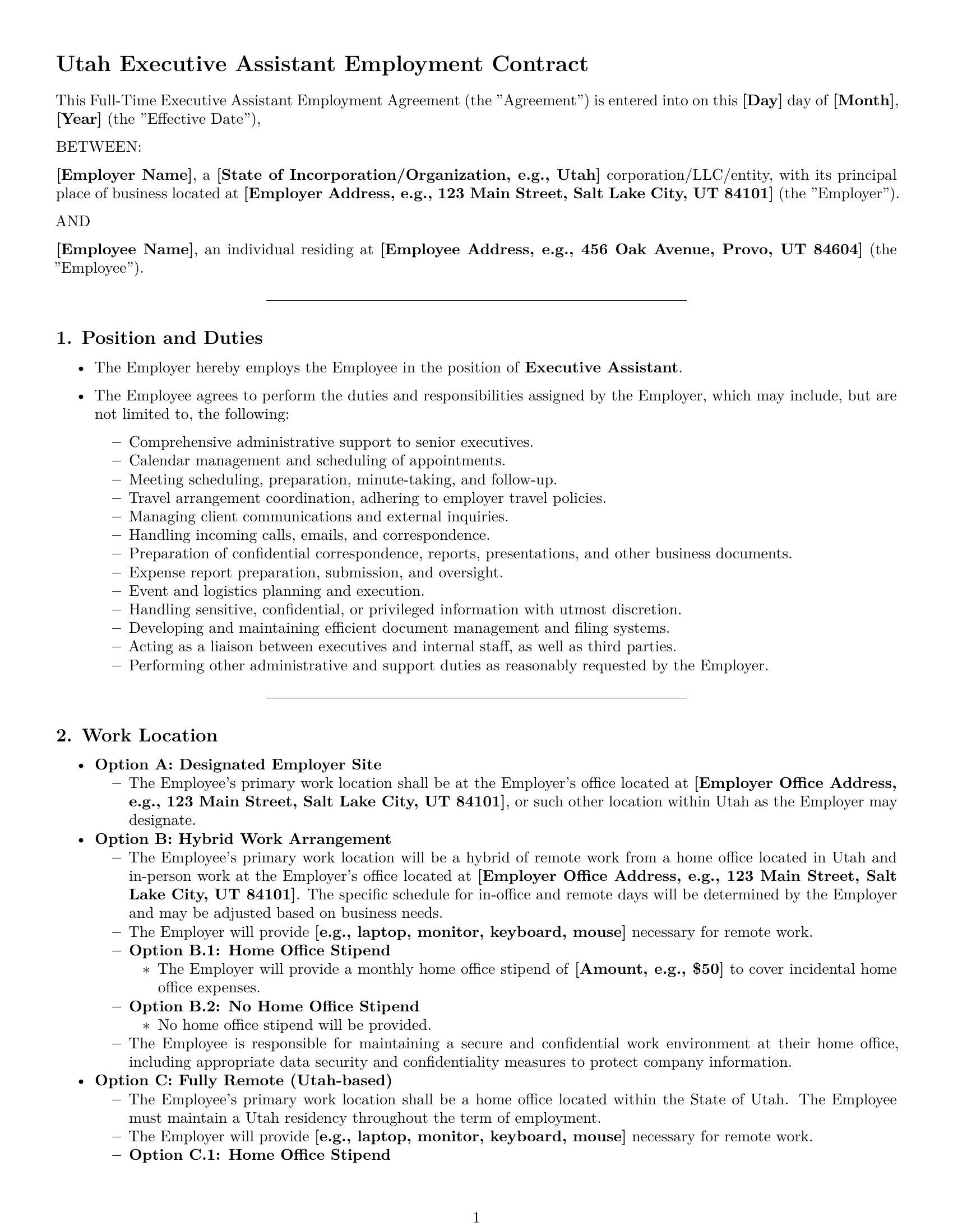 Preview page 1 of Pro Utah executive assistant employment contract template