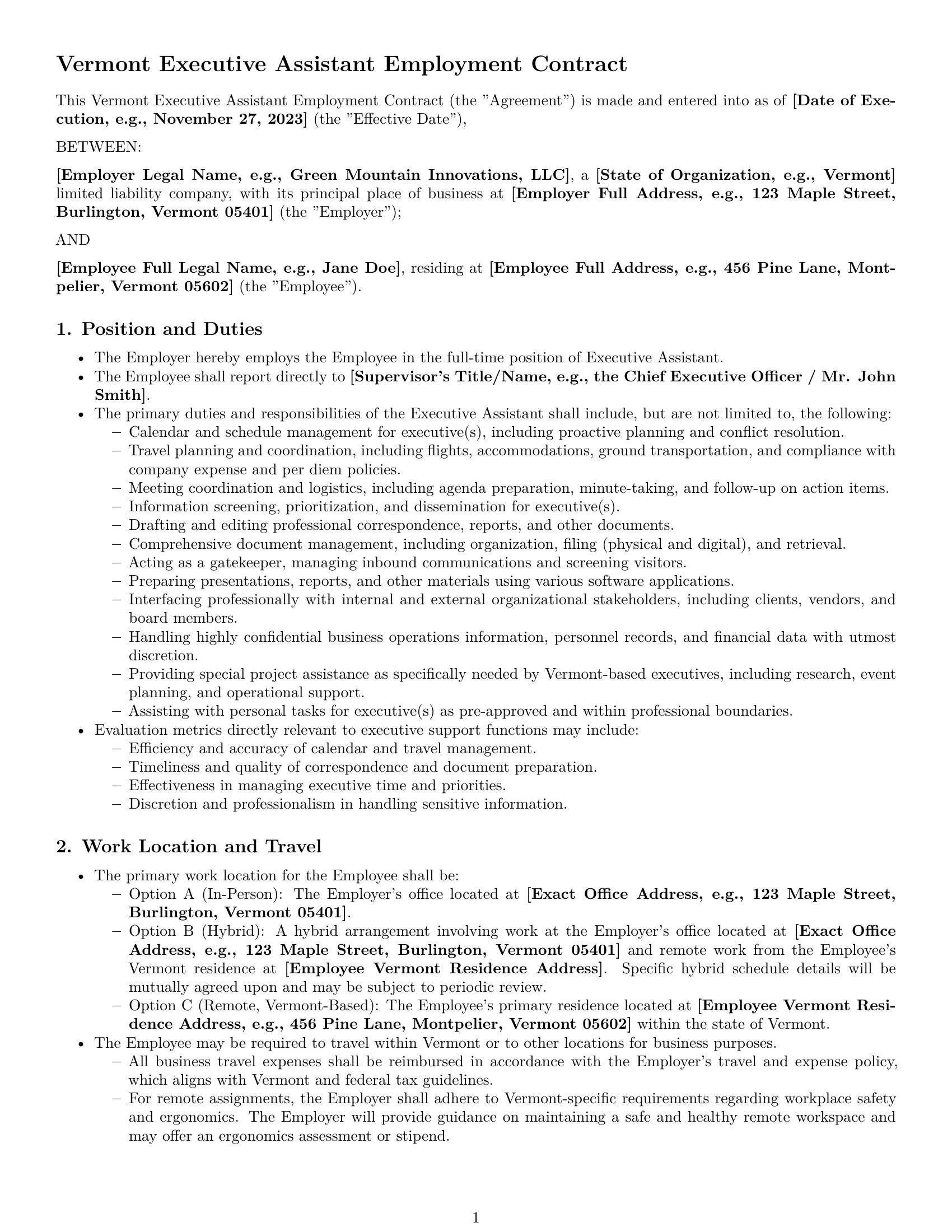 Preview page 1 of Pro Vermont executive assistant employment contract template