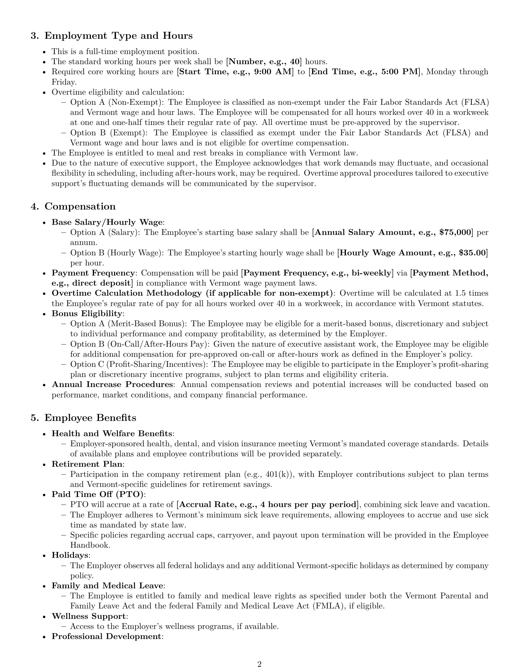 Preview page 2 of Pro Vermont executive assistant employment contract template