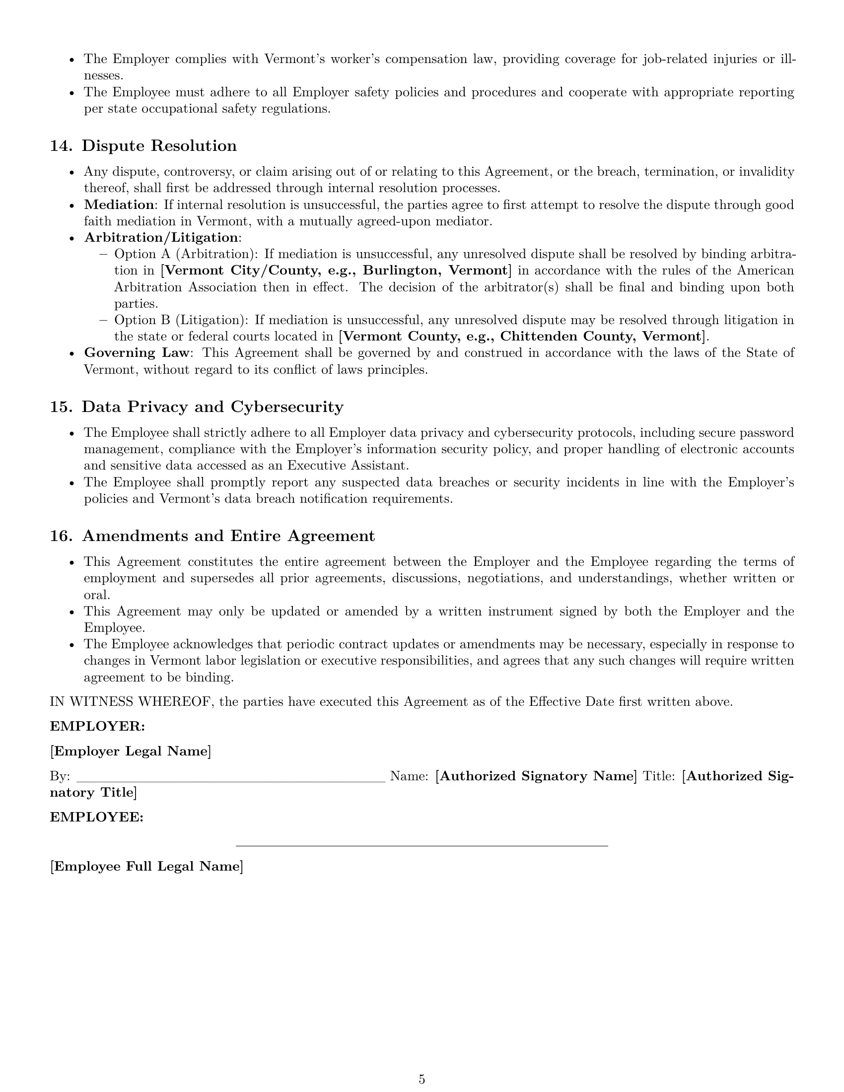 Preview page 5 of Pro Vermont executive assistant employment contract template