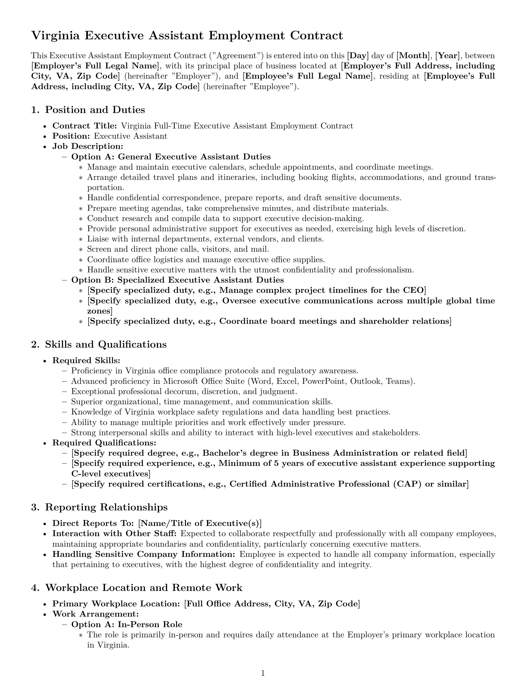 Preview page 1 of Pro Virginia executive assistant employment contract template