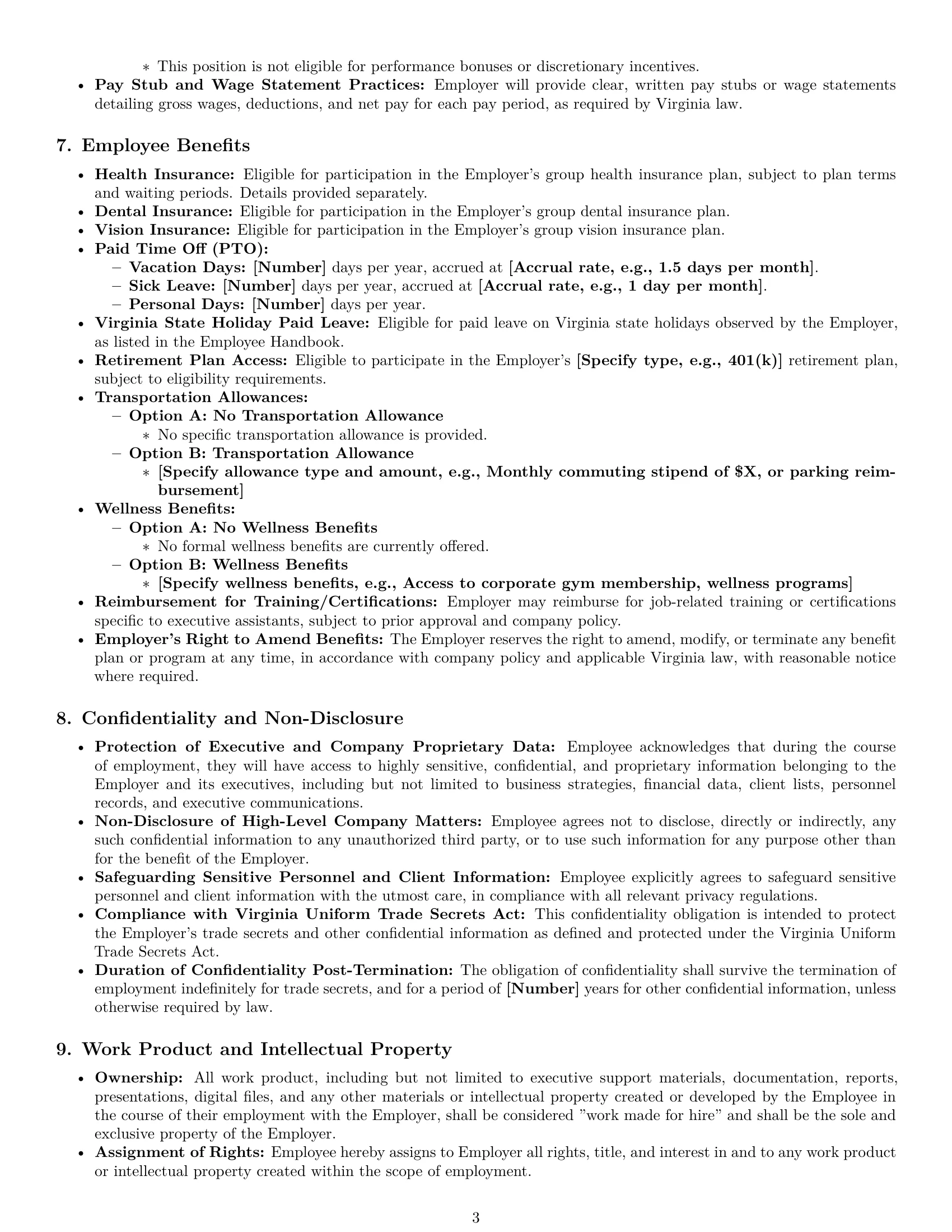 Preview page 3 of Pro Virginia executive assistant employment contract template