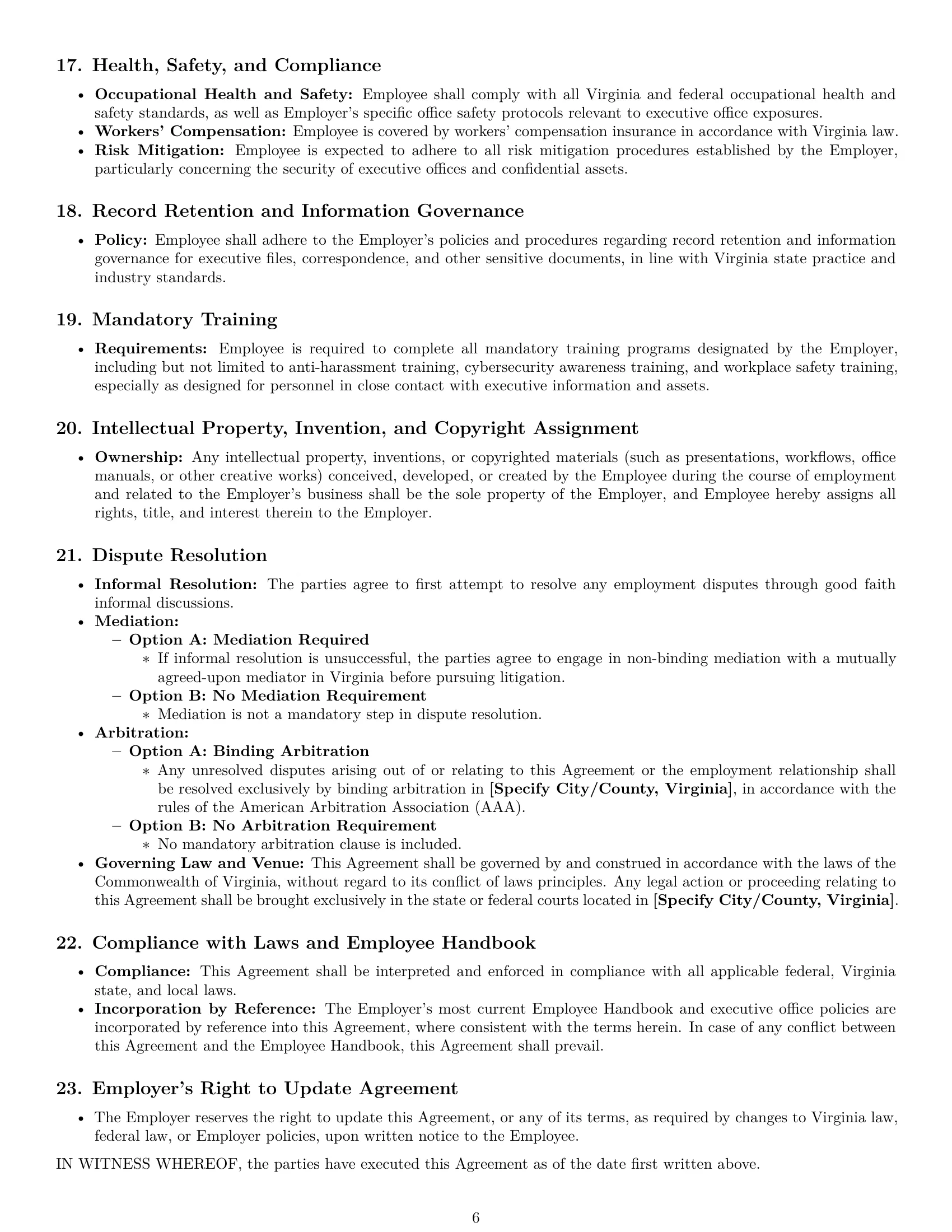 Preview page 6 of Pro Virginia executive assistant employment contract template