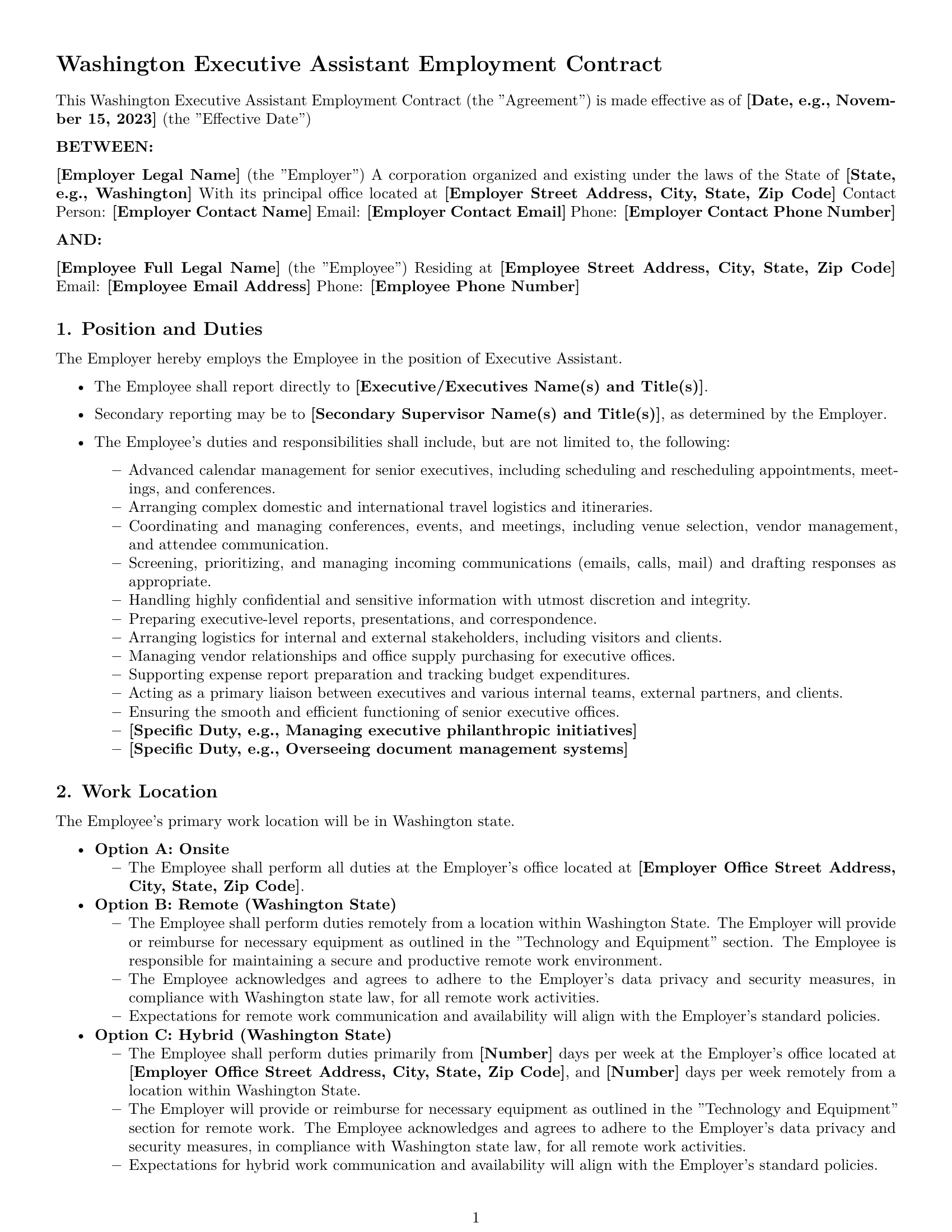 Preview page 1 of Pro Washington executive assistant employment contract template